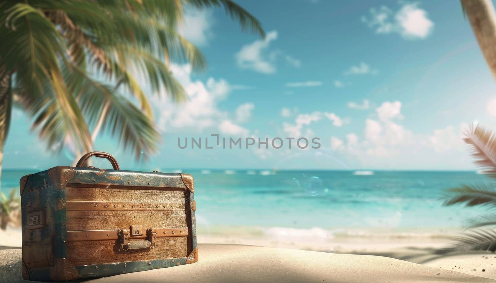 A suitcase is sitting on the sand next to the ocean by AI generated image by wichayada