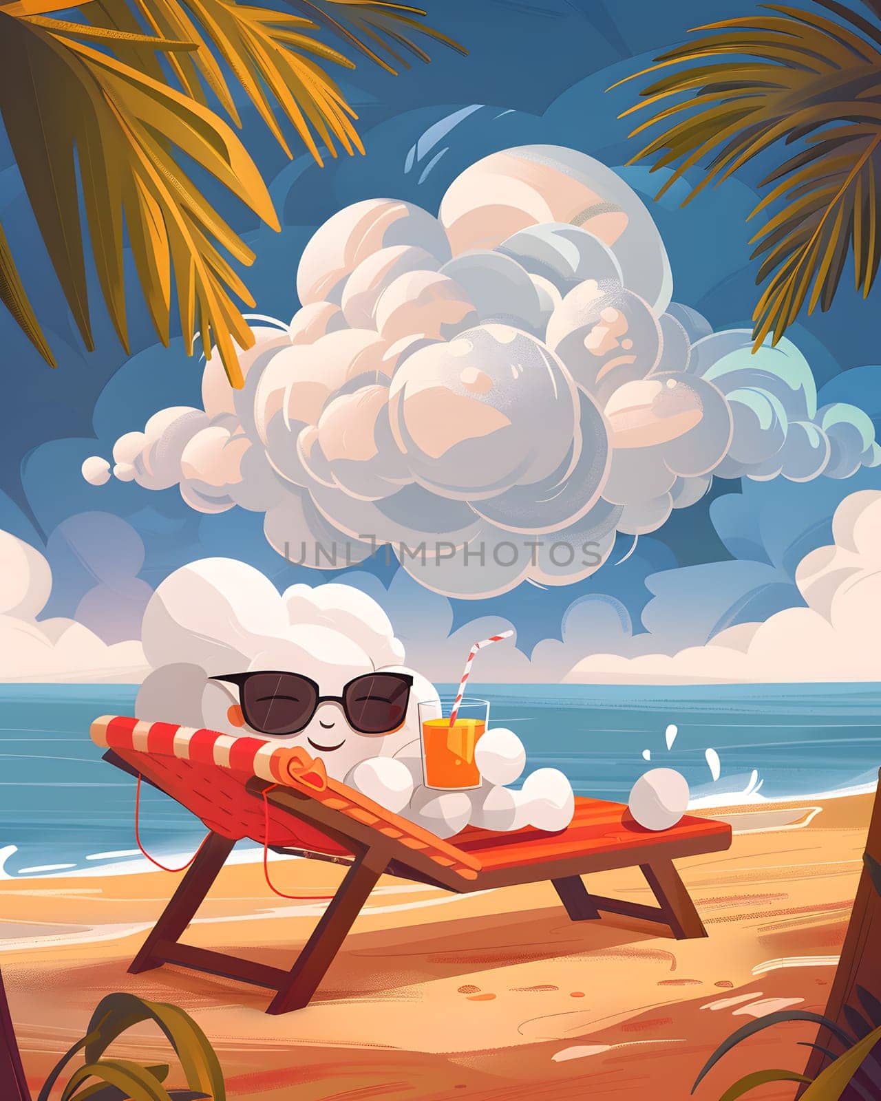 A cloud wearing sunglasses, enjoying nature on a beach chair with a drink in hand. The azure sky is the perfect backdrop for this outdoor leisure scene, resembling a painting