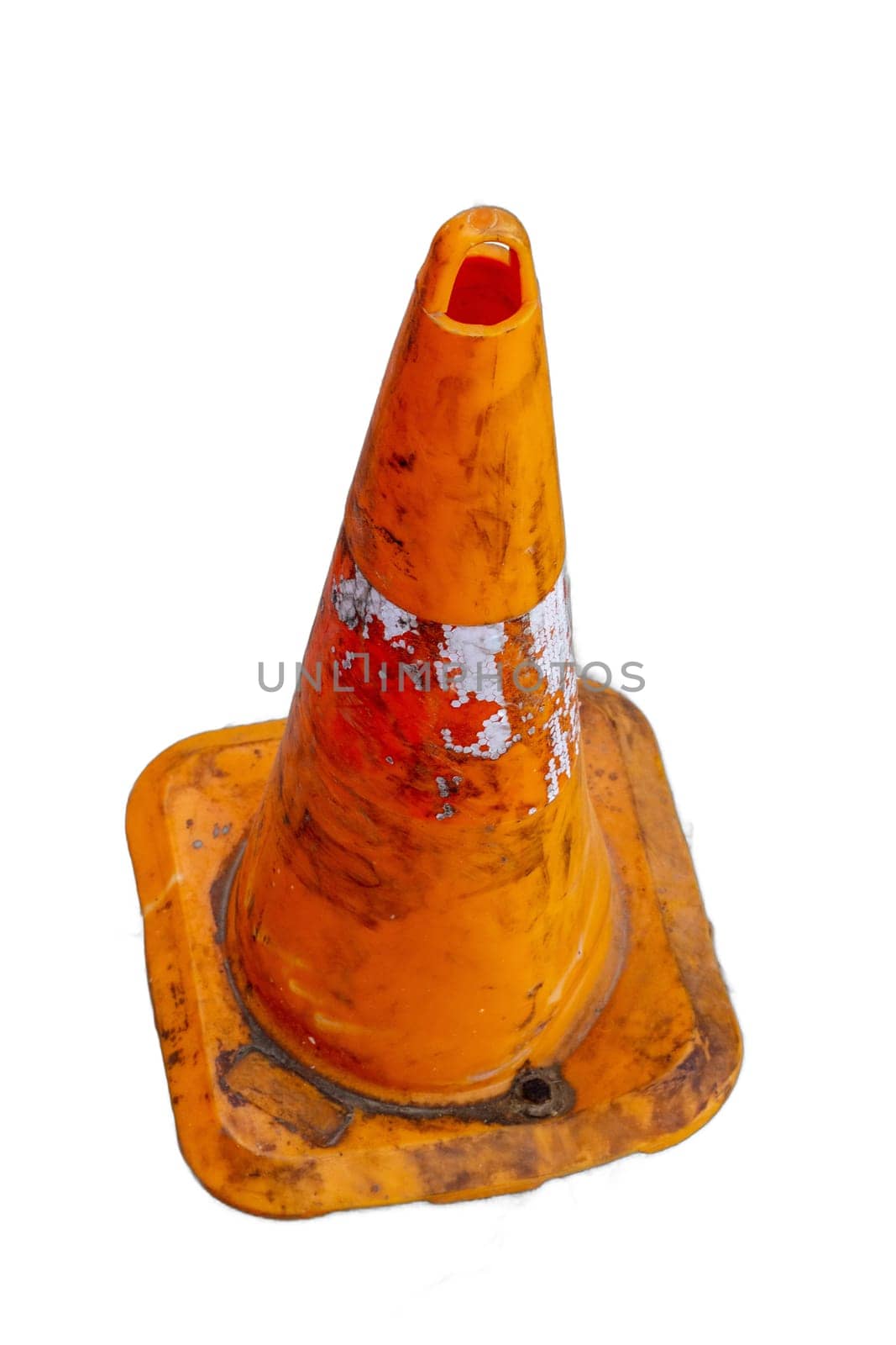 An isolated, battered traffic cone, showing signs of wear and tear. Perfect for safety illustrations, construction graphics, and roadwork designs