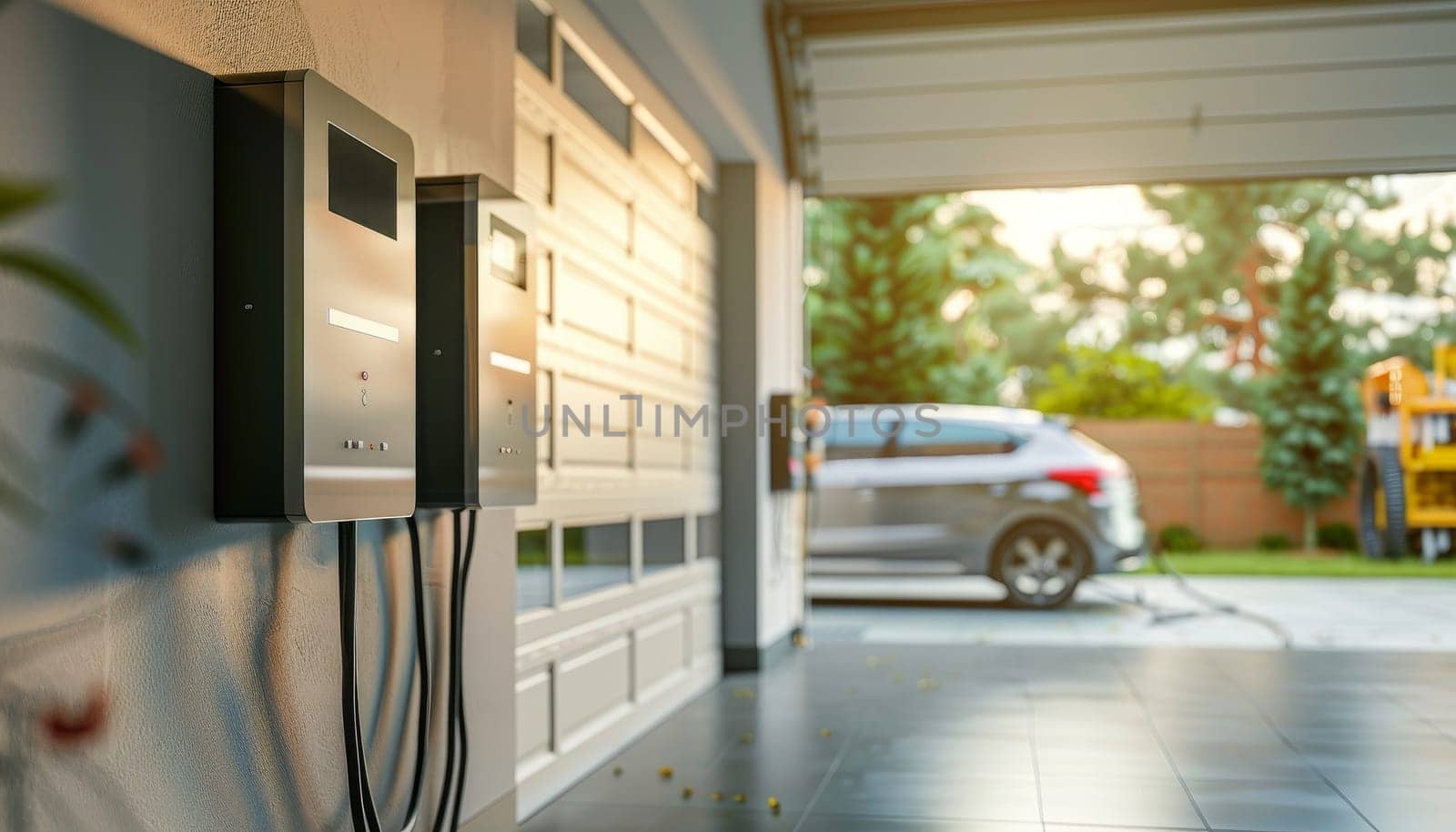 A Tesla car is parked in front of a house with two charging stations on the side by AI generated image.