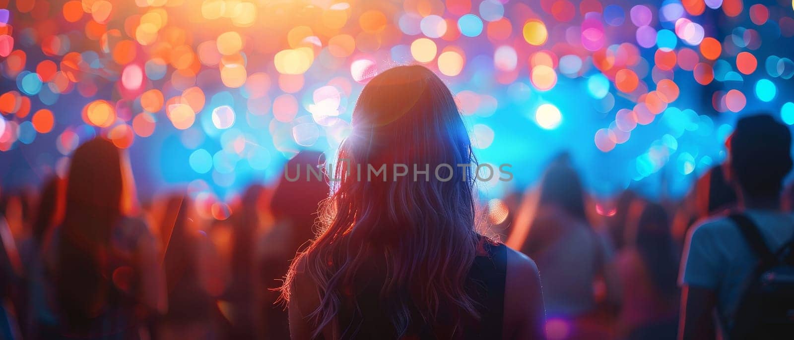 A woman stands in front of a crowd of people at a concert by AI generated image.