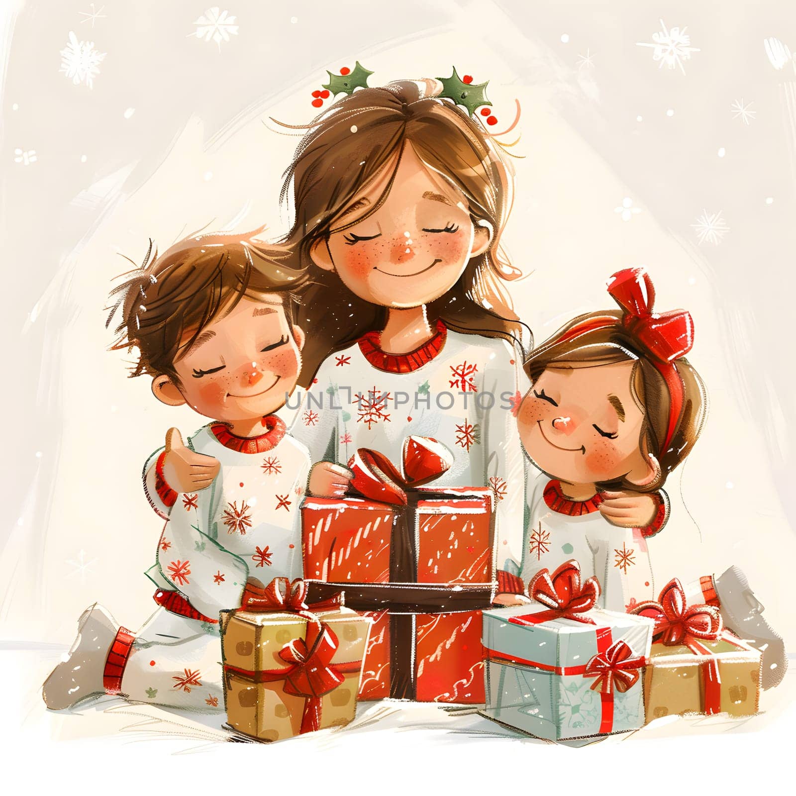 A woman and two children are happily sitting on the floor, surrounded by Christmas presents and decorations. The children, a child and a toddler, are smiling while admiring the holiday ornaments