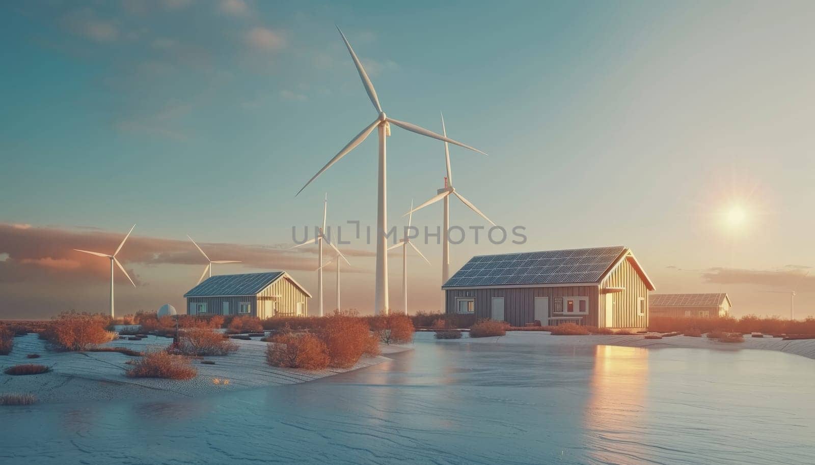 A wind farm with a red C on a white building by AI generated image.