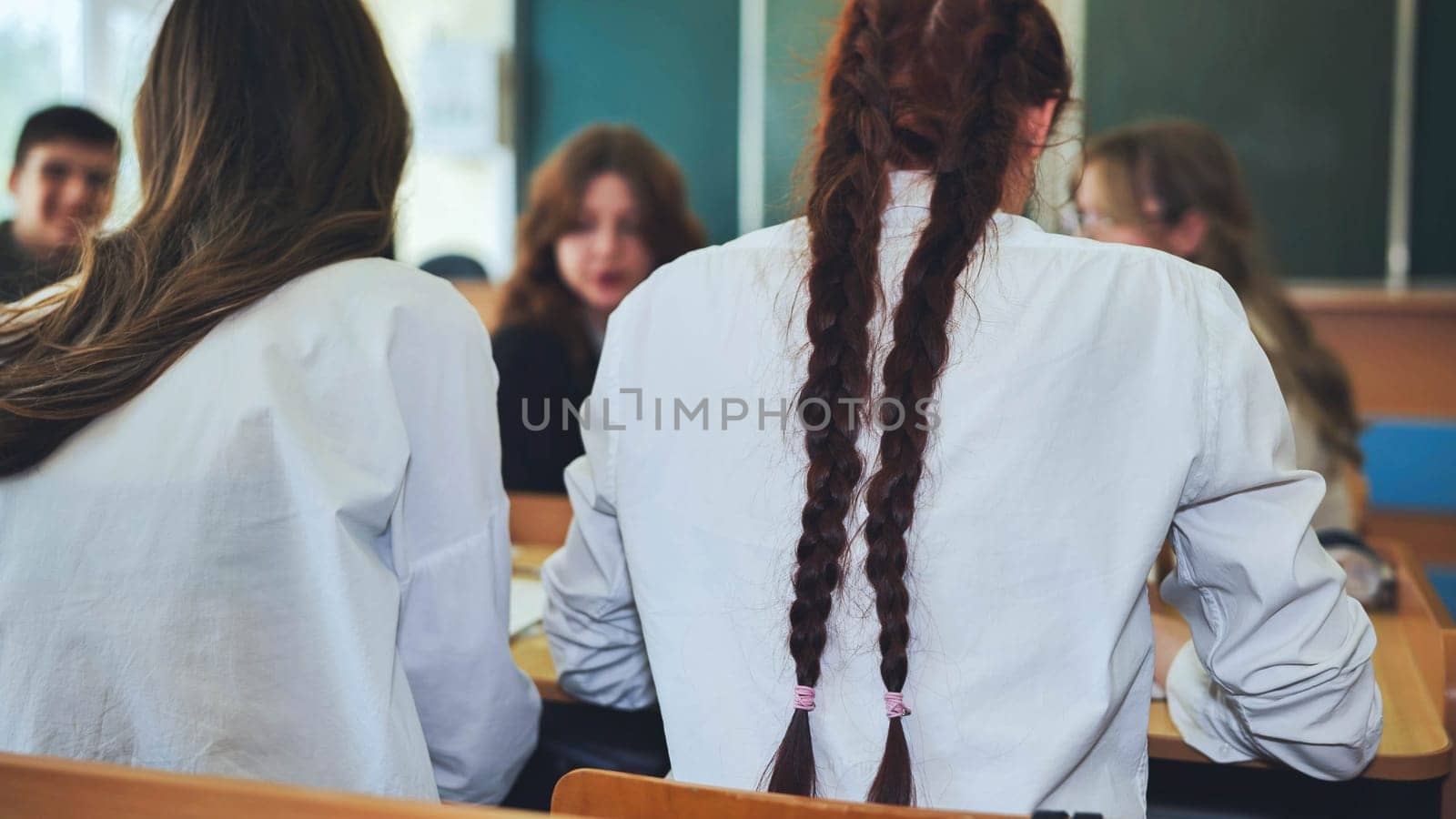 A girl at a desk at school. View from the back. by DovidPro