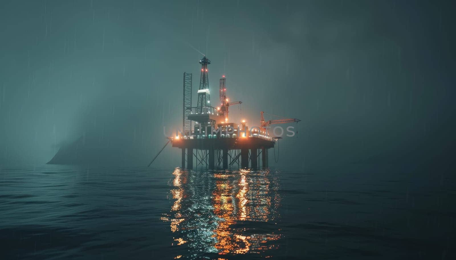 A large oil rig is floating in the ocean with a storm in the background by AI generated image.