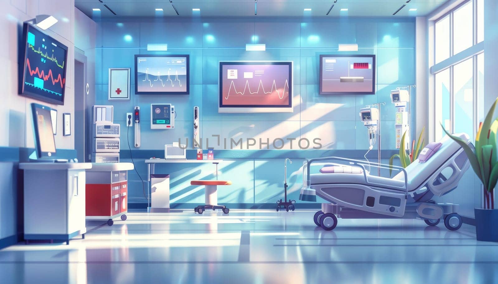 A hospital room with a bed, a computer, and a television by AI generated image.