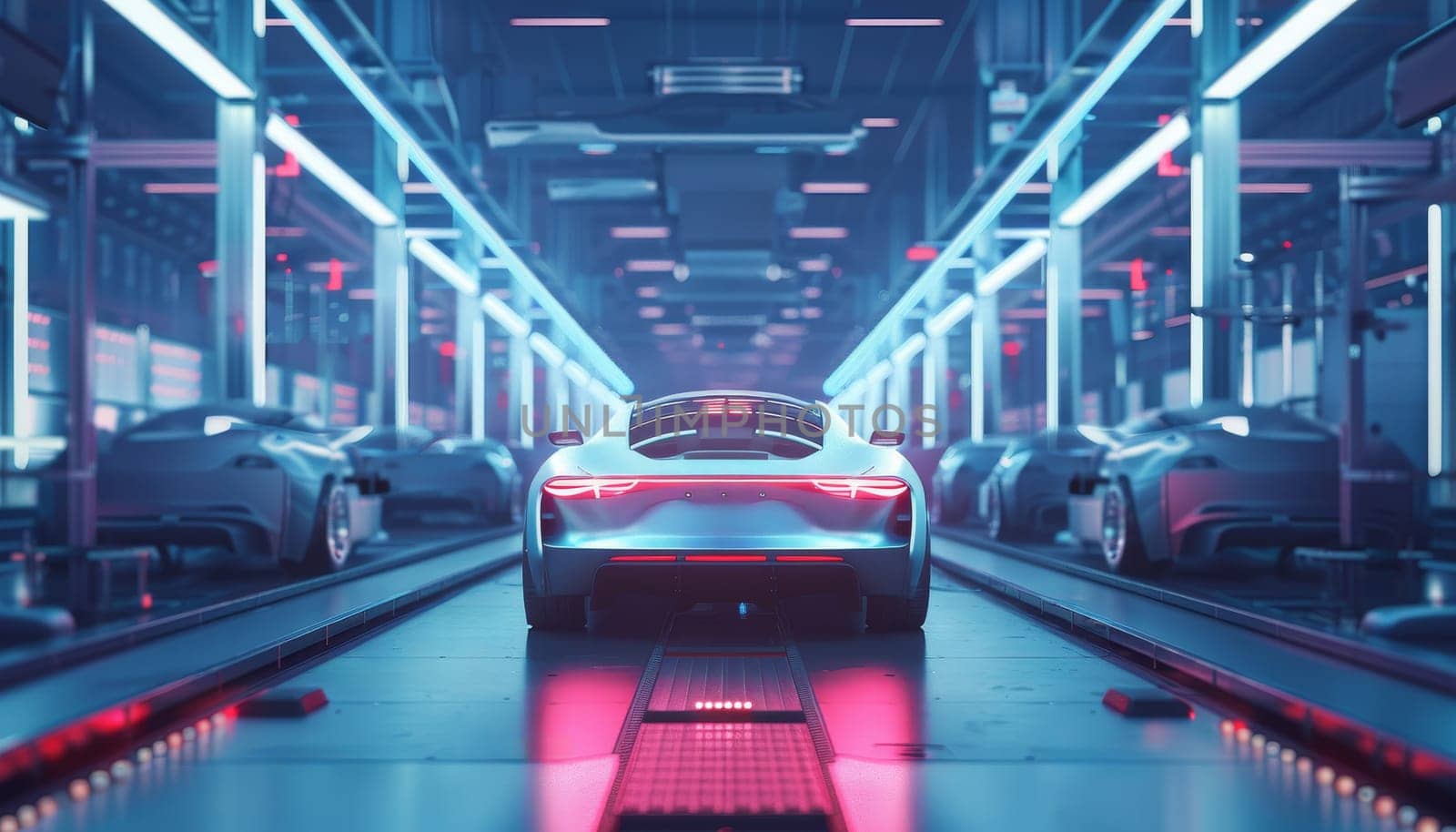 A futuristic car is driving down a long, dark tunnel by AI generated image.
