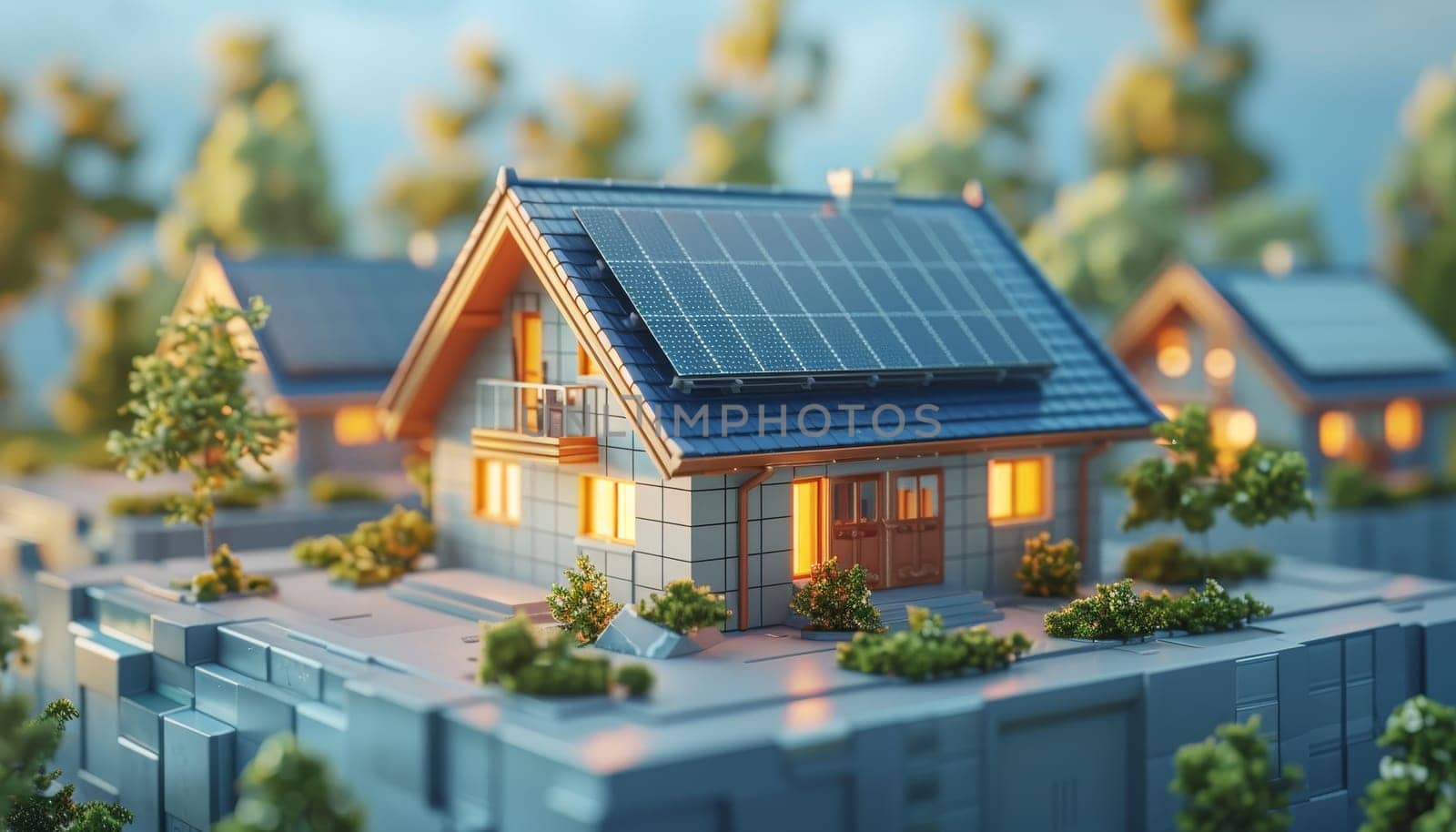 A house with solar panels on the roof and a solar panel on the side by AI generated image.