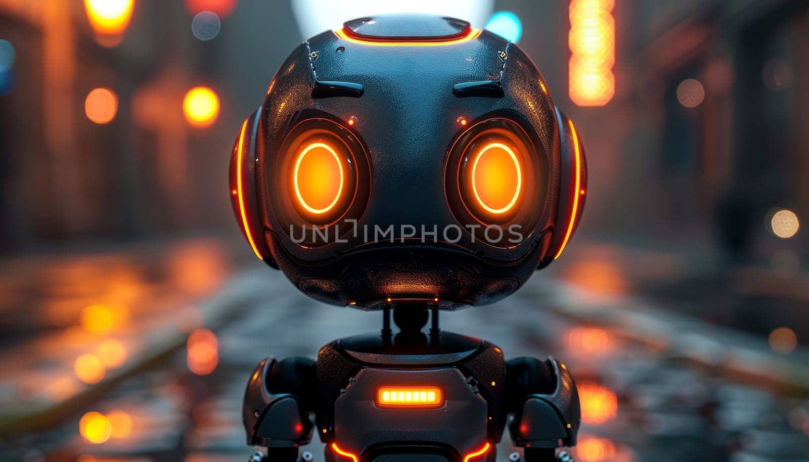 A robot with orange eyes stands in front of a street light by AI generated image.