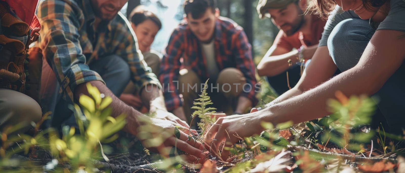 A group of people are gathered around a plant, with some of them kneeling down by AI generated image by wichayada