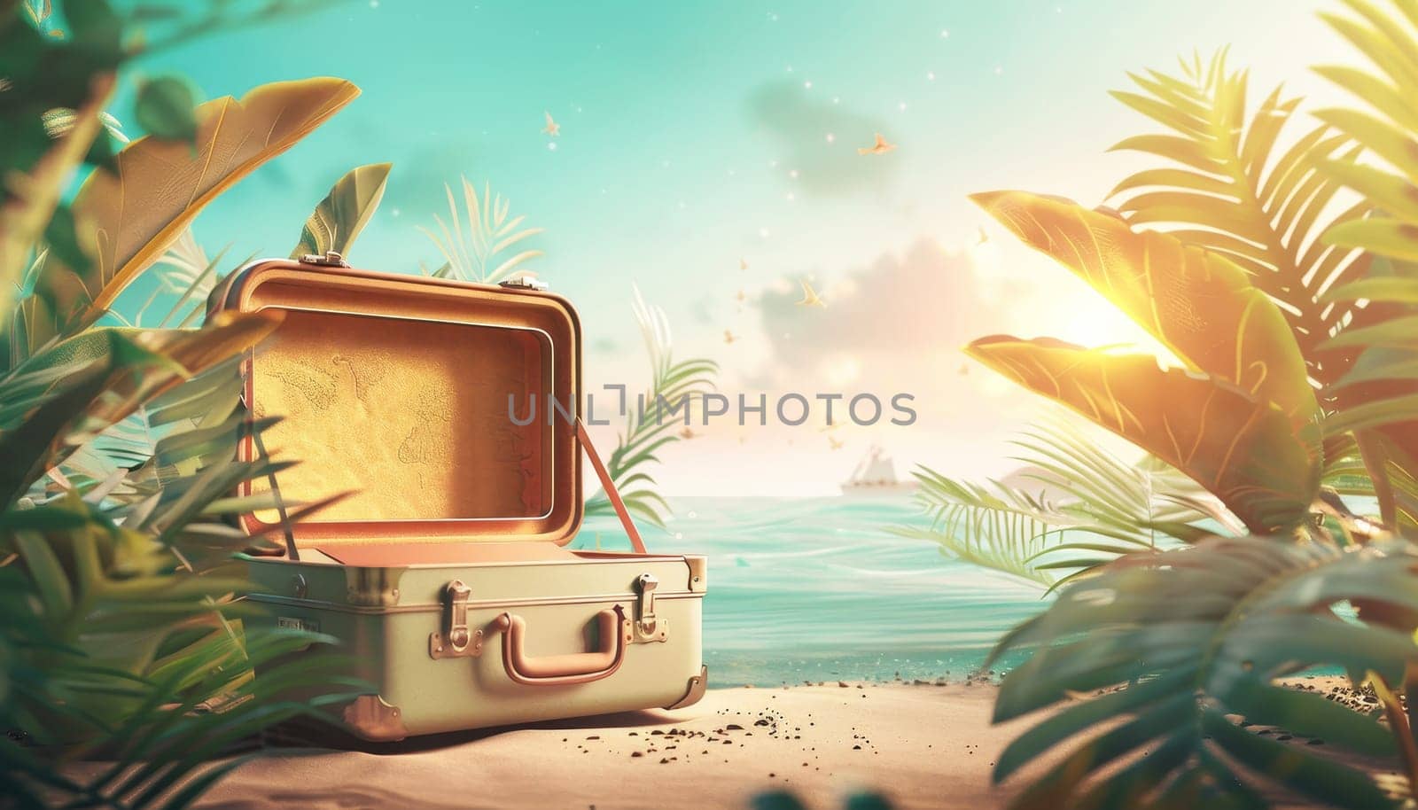 A suitcase is sitting on the sand next to the ocean by AI generated image by wichayada