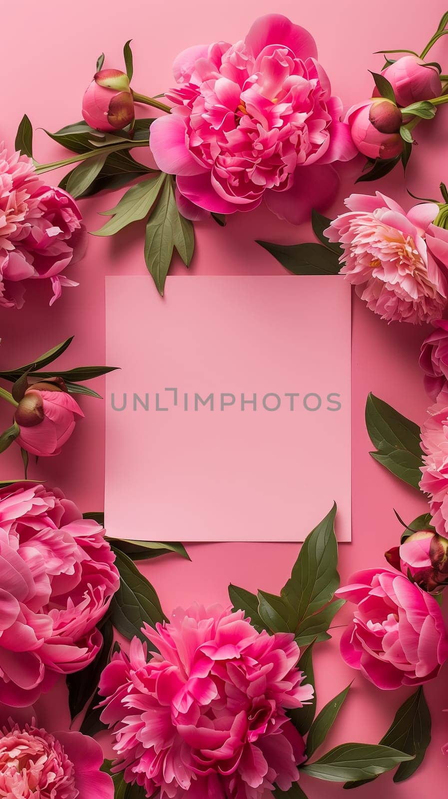 Flowers composition. Wreath made of pink peonies flowers, blank square paper sheet on pink background. Flat lay, top view, copy space. Aesthetic Valentine's Day, Mother's Day mockup template.