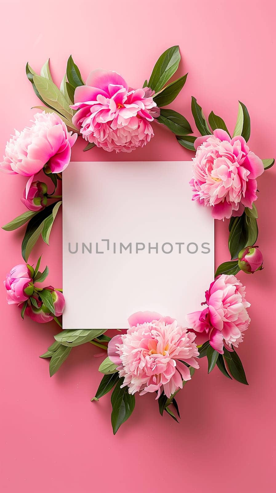 Flowers composition. Wreath made of pink peonies flowers, blank square paper sheet on pink background. Flat lay, top view, copy space. Aesthetic Valentine's Day, Mother's Day mockup template.