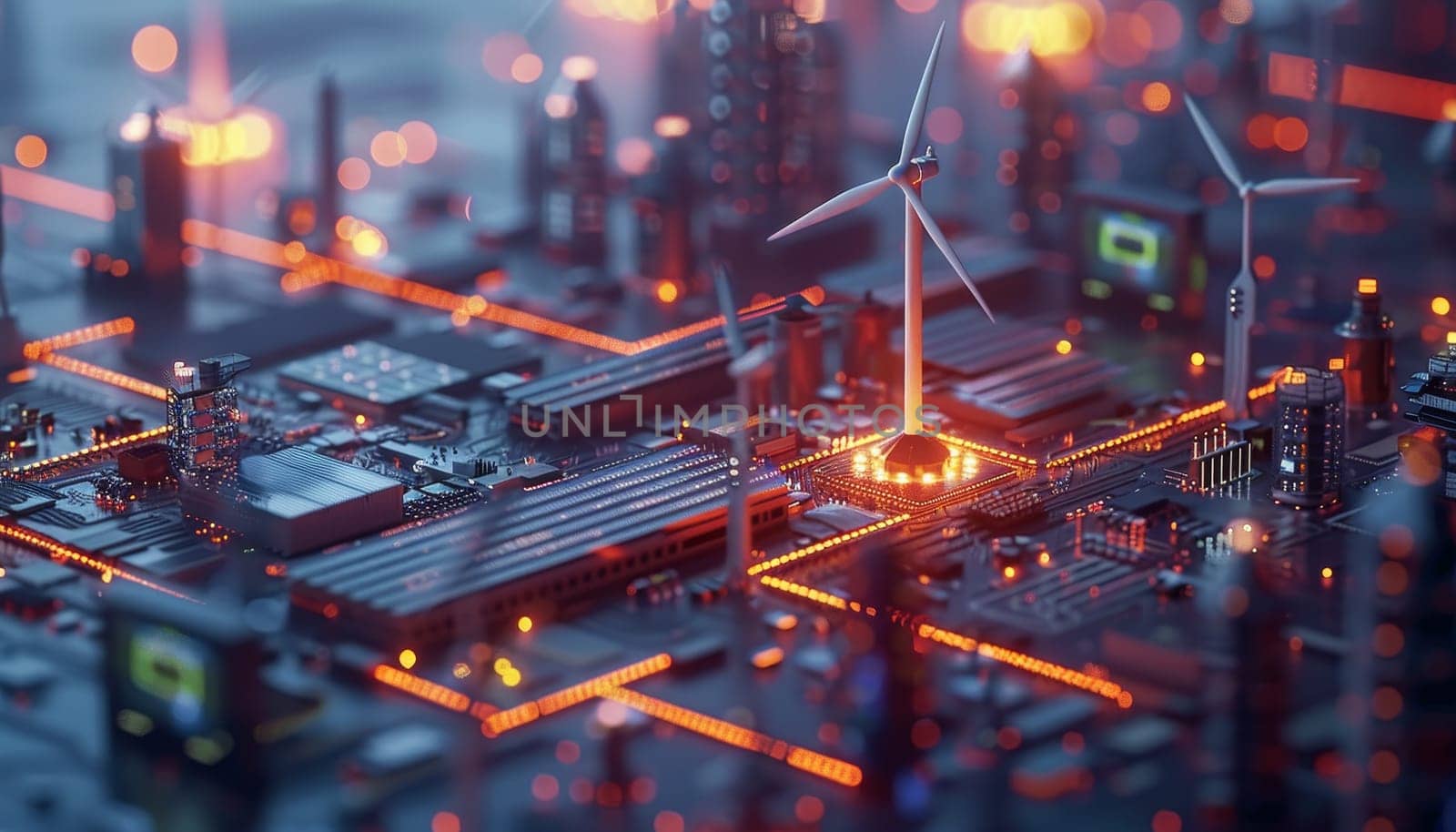 A cityscape with a wind turbine in the center by AI generated image.