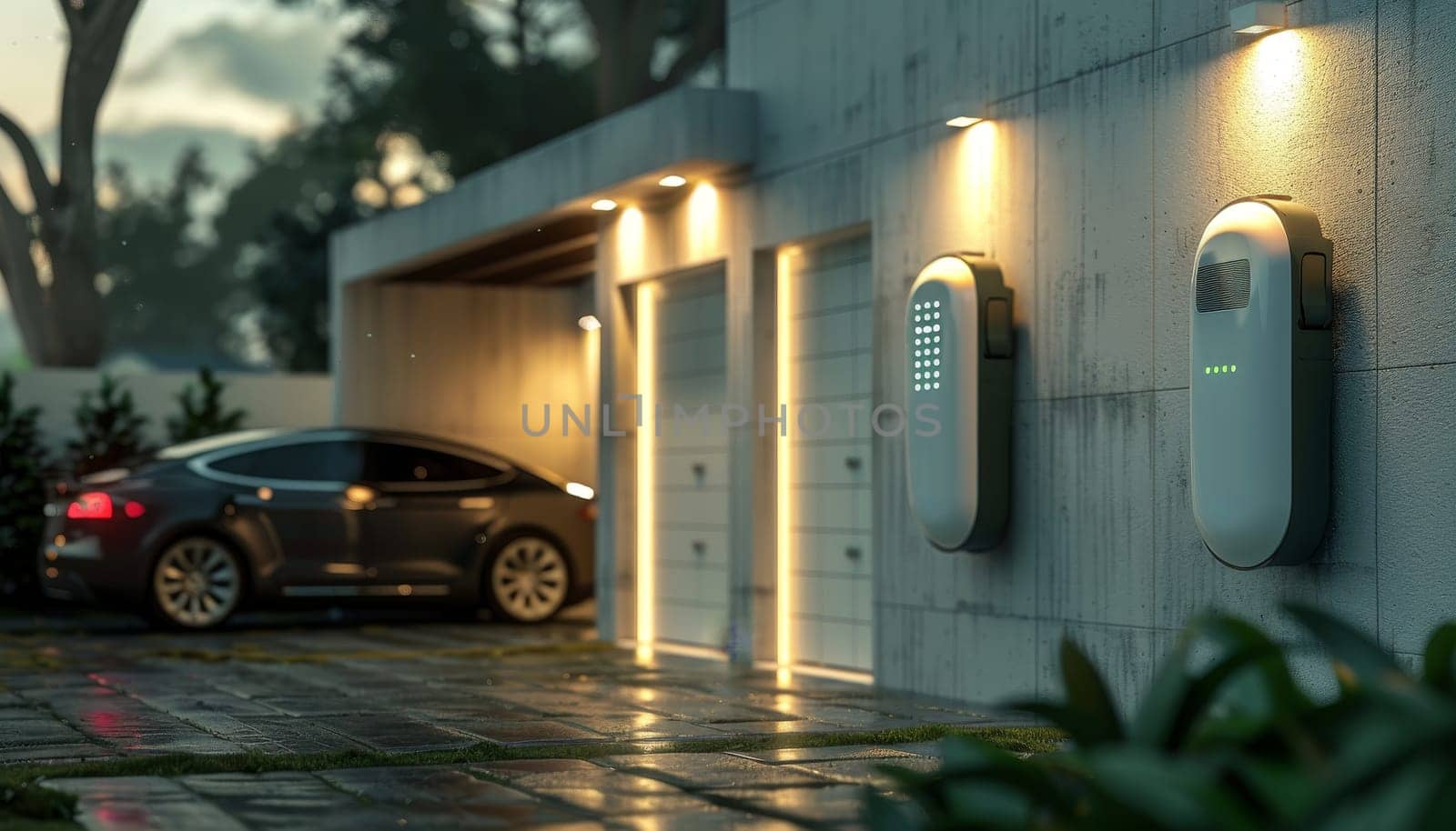 A Tesla car is parked in front of a house with two charging stations on the side by AI generated image by wichayada