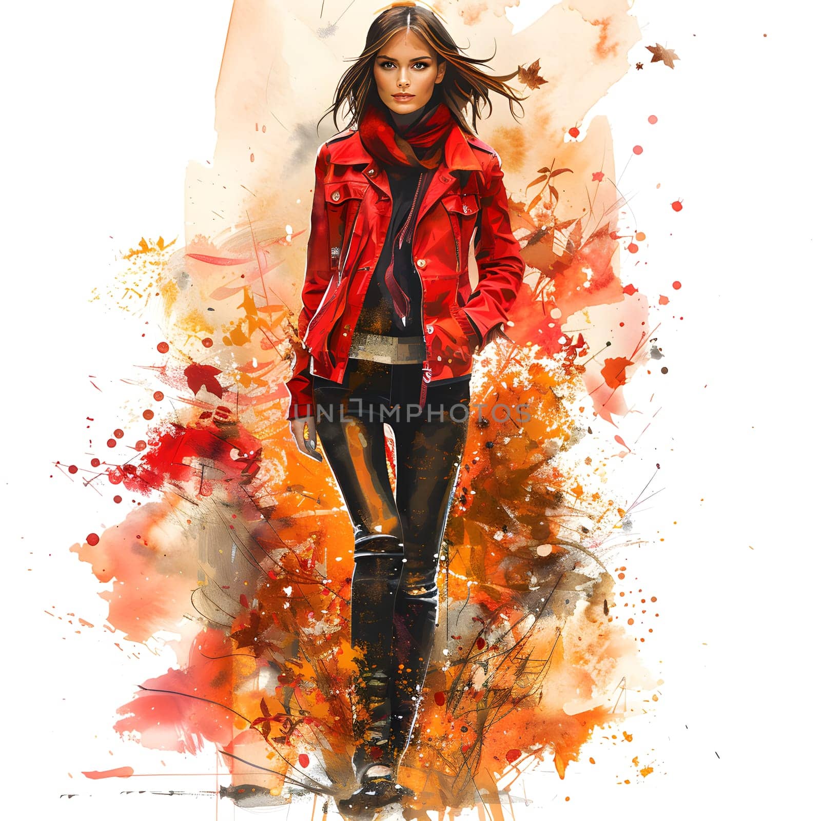 A watercolor painting featuring a woman with black hair wearing a red jacket, orange jeans, showcasing fashionable design in nature. The art captures her waist and thighs as she stands gracefully