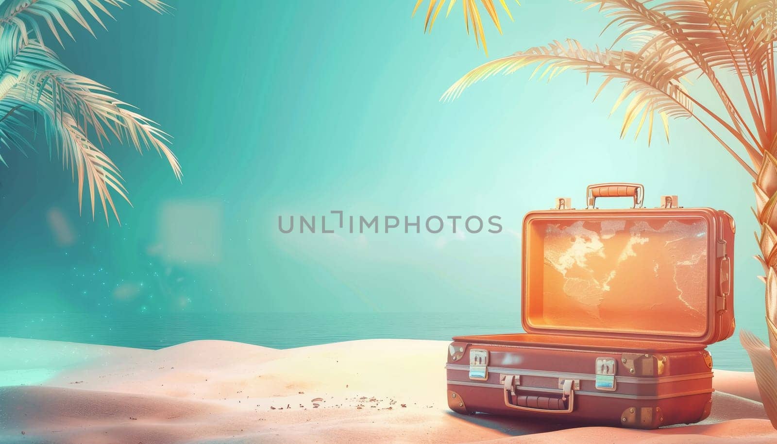 A suitcase is sitting on the sand next to the ocean by AI generated image.