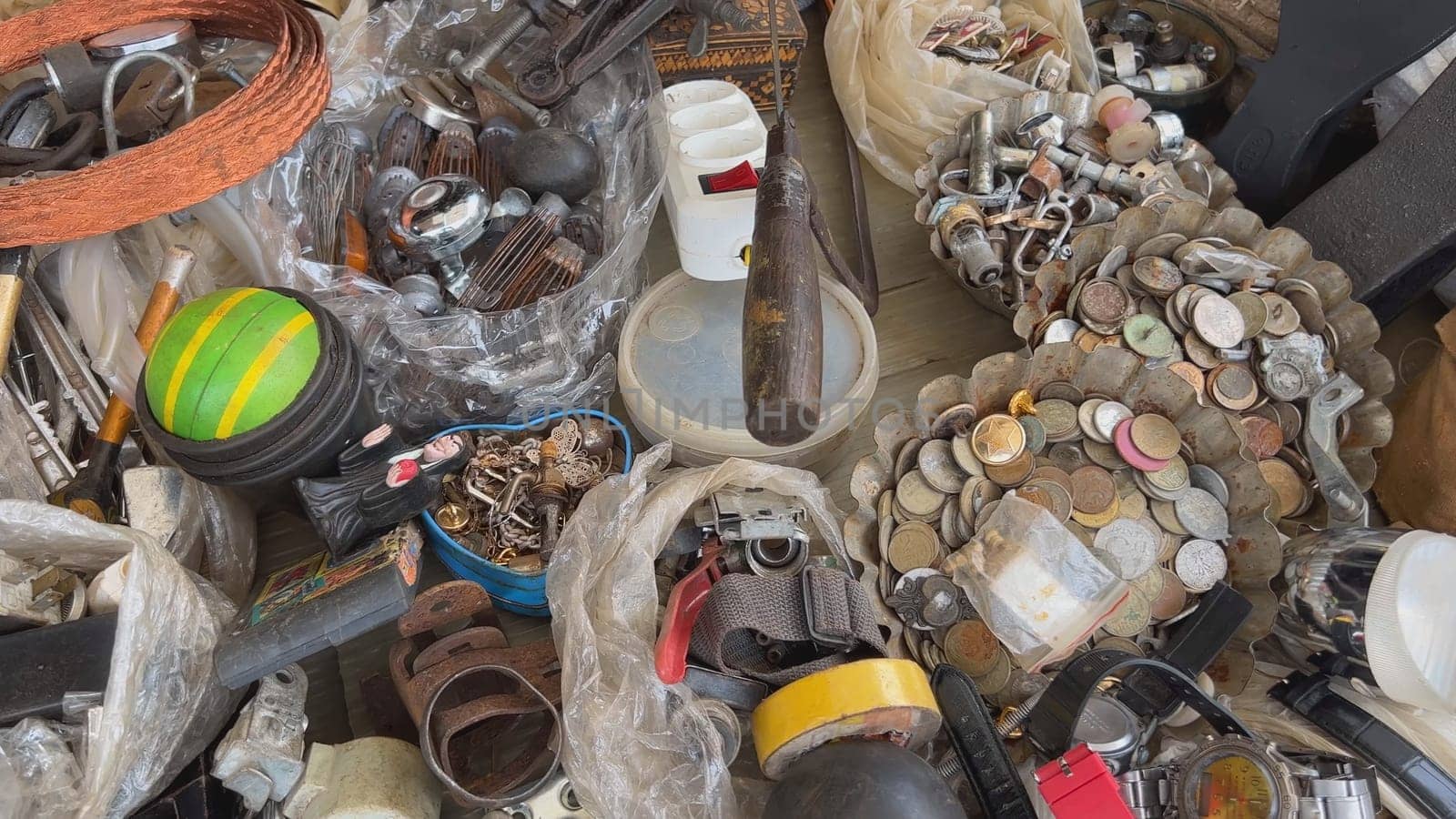 A flea market of old rusty things and tools