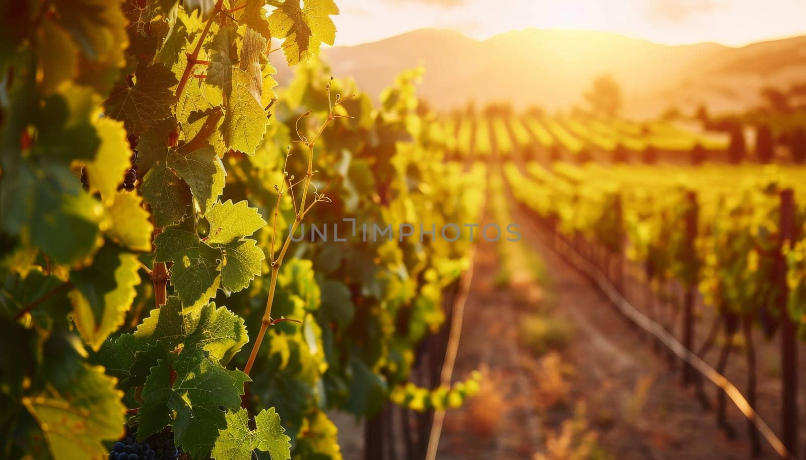 A vineyard with a sun shining on the leaves by AI generated image.