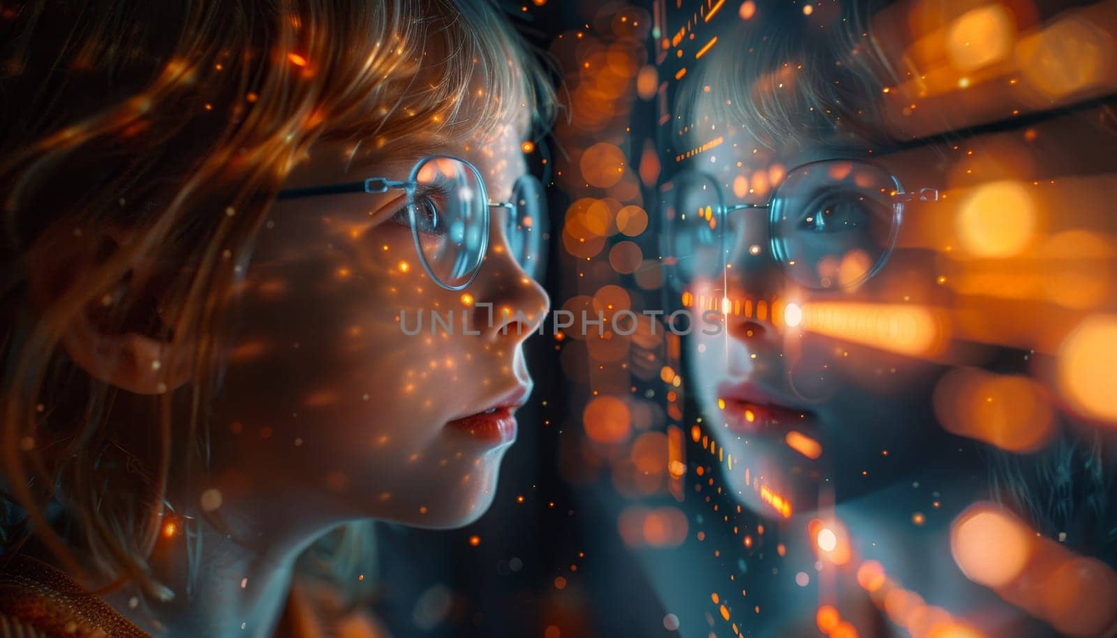 A young boy is looking at a computer screen with a lot of bright colors by AI generated image.