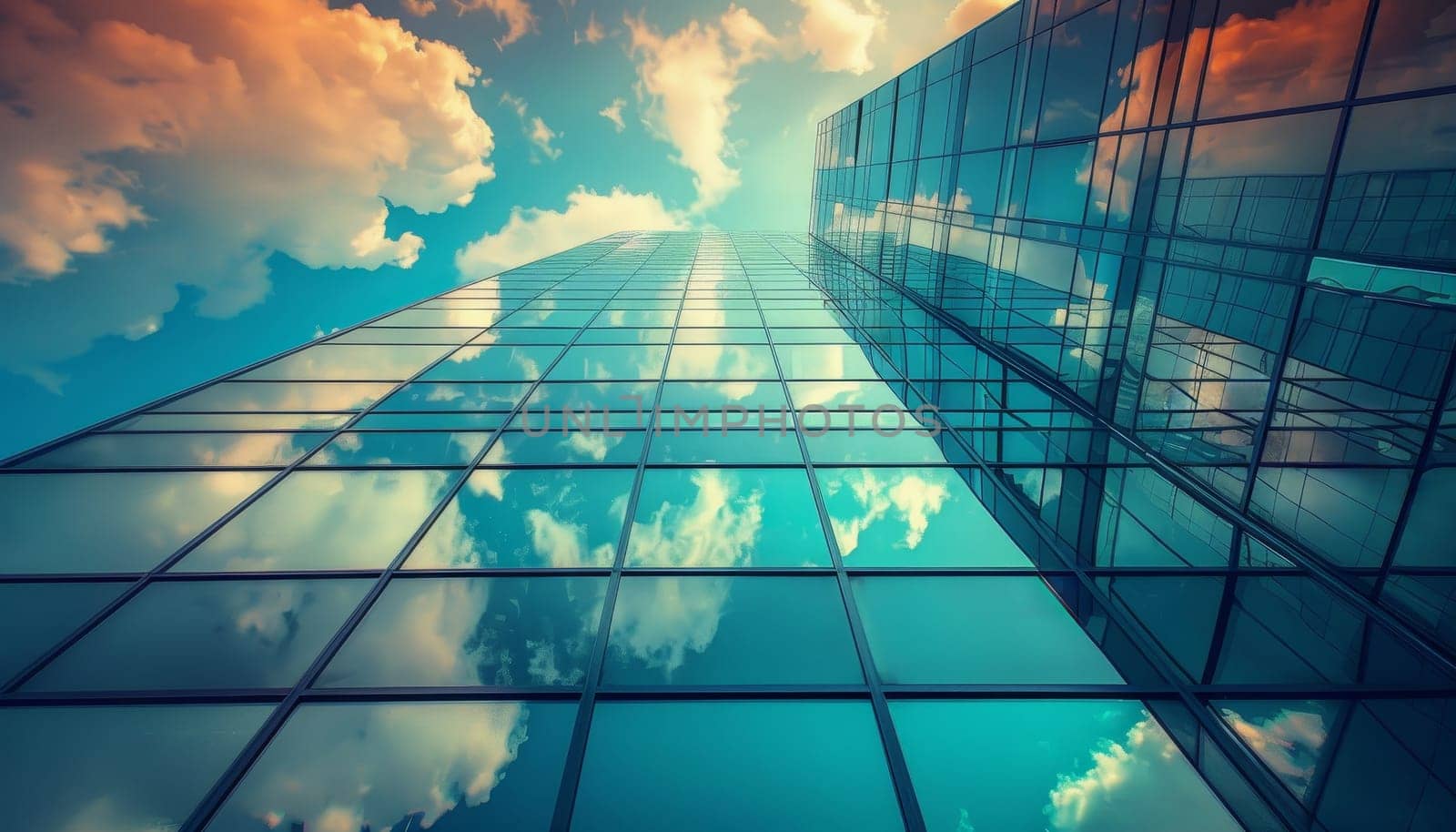 A tall building with a blue sky and clouds in the background by AI generated image by wichayada