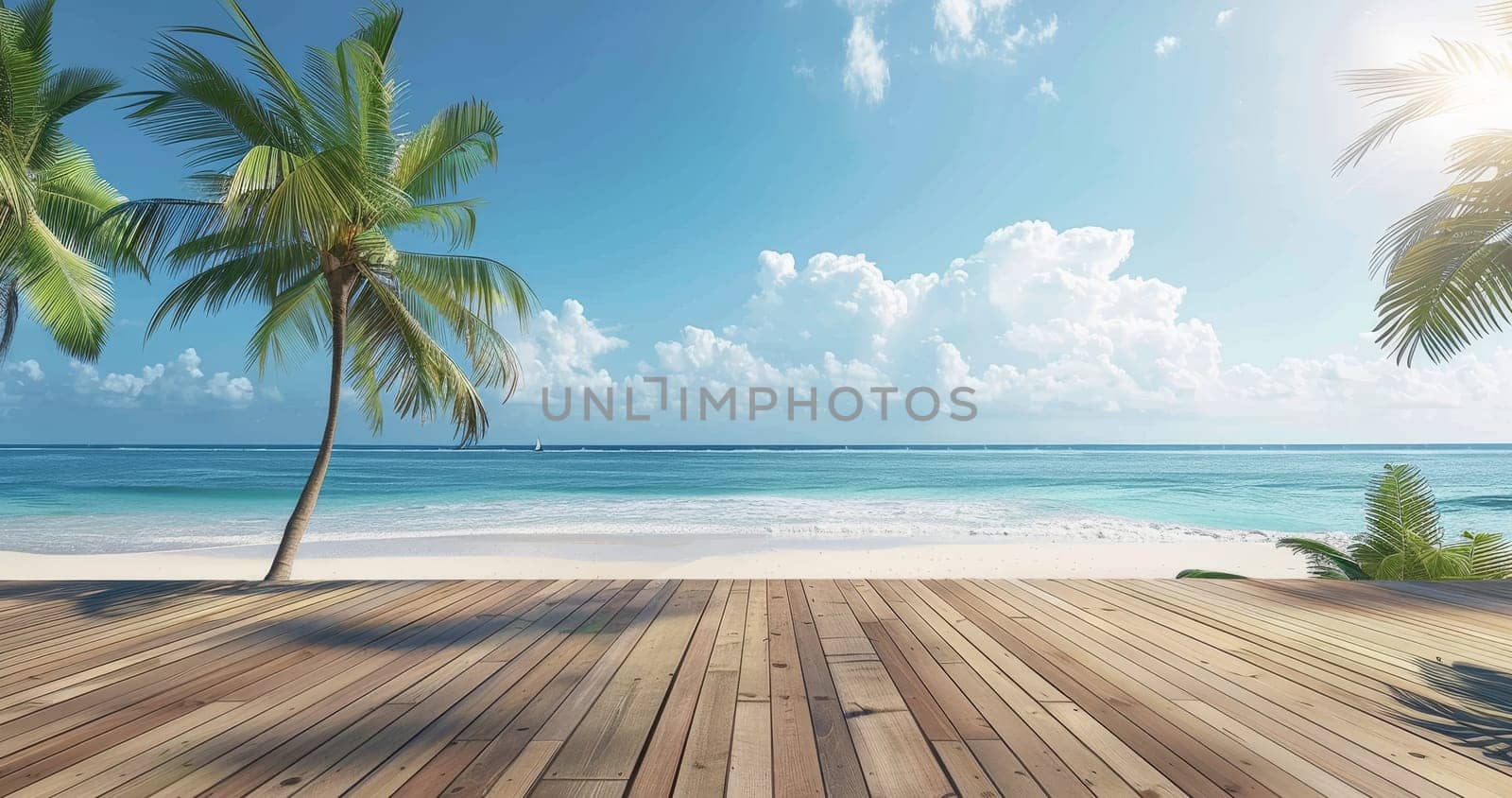 A beautiful beach scene with a wooden boardwalk and palm trees by AI generated image.