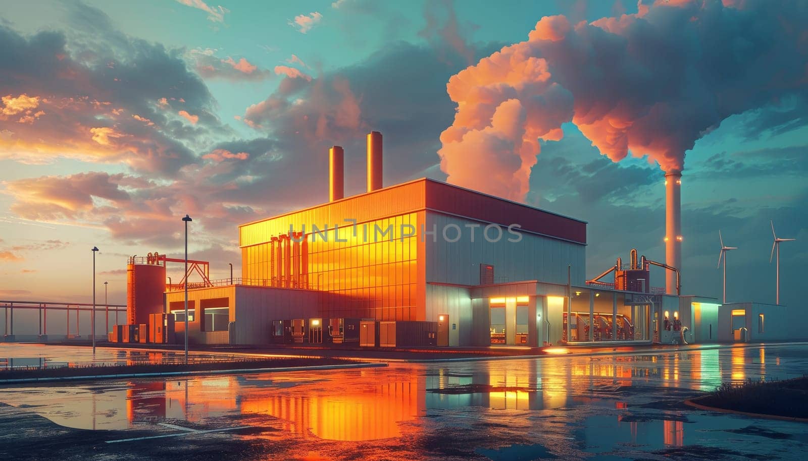 A large industrial building with smoke coming out of it by AI generated image.