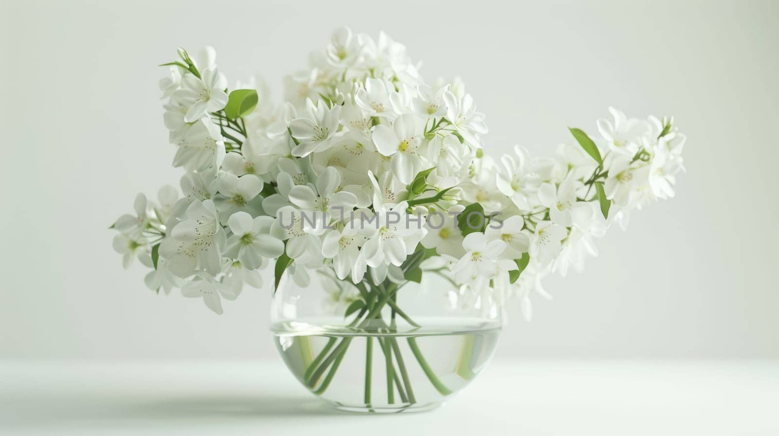 A vase of a clear glass with white flowers in it