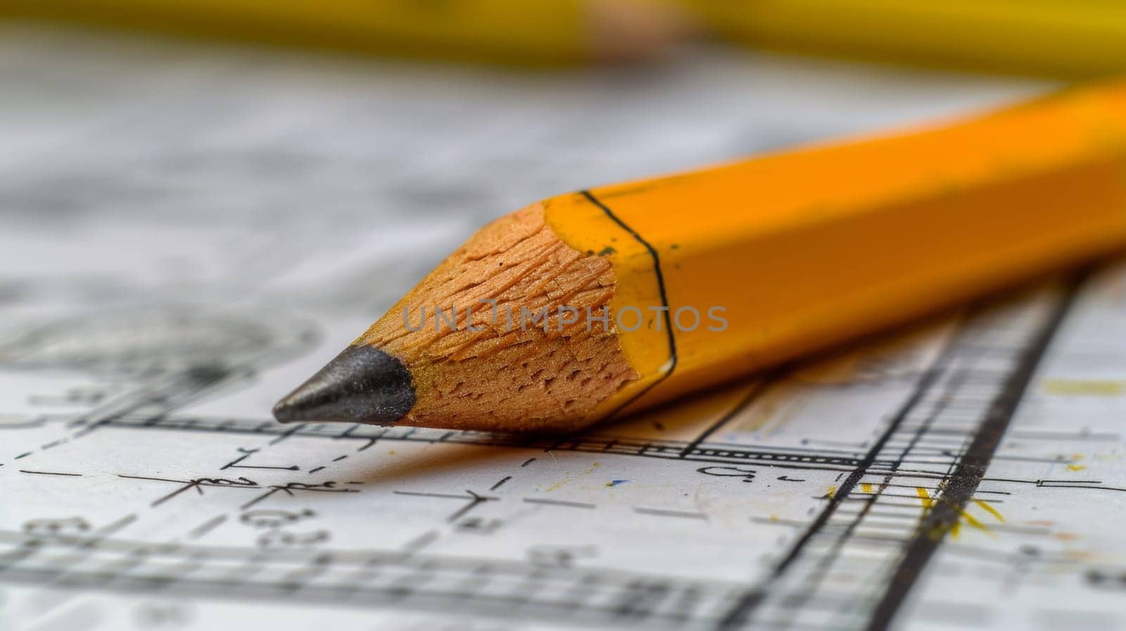 A close up of a pencil laying on top of some blueprints, AI by starush