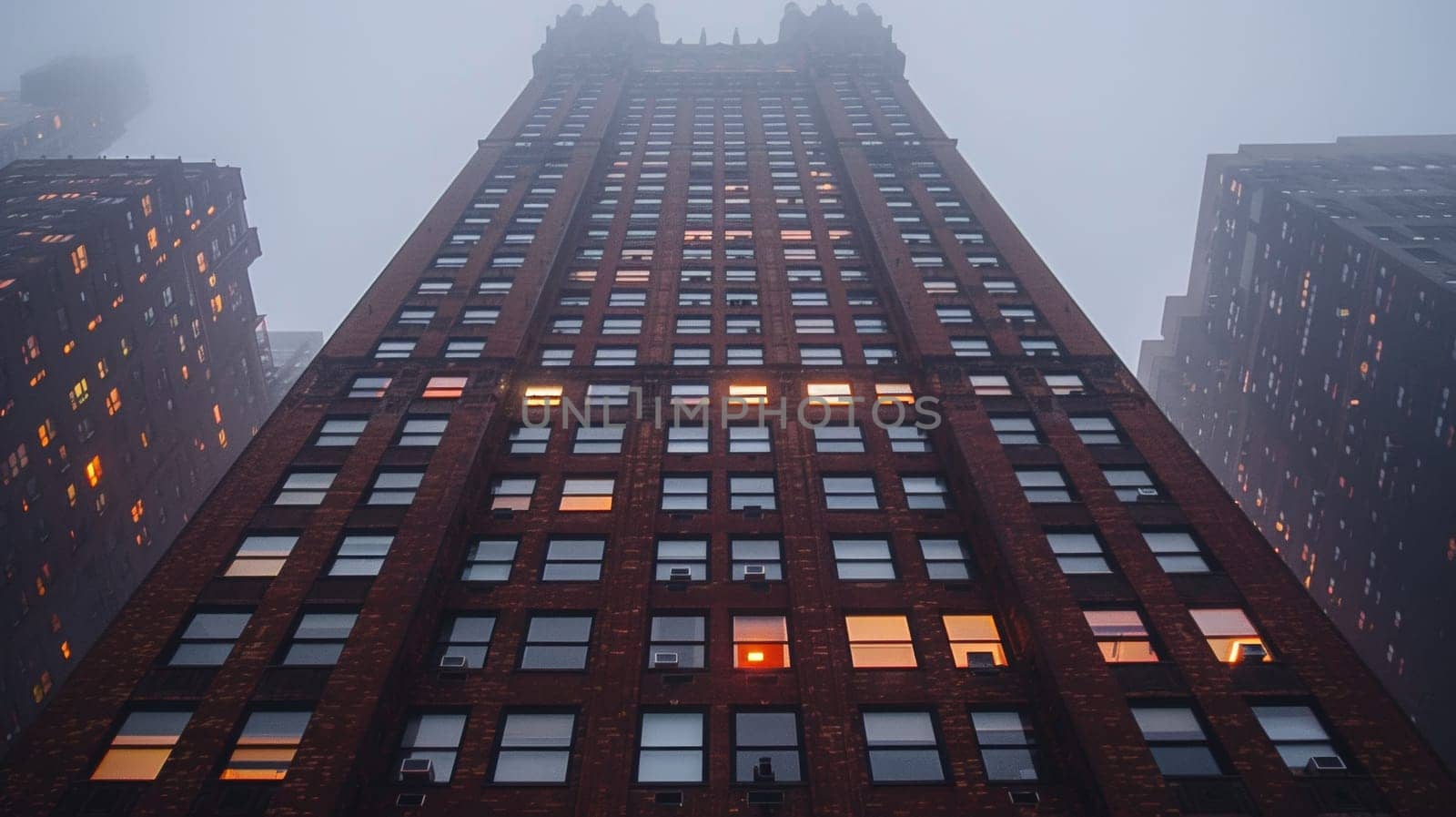 A tall building with windows lit up in the fog, AI by starush