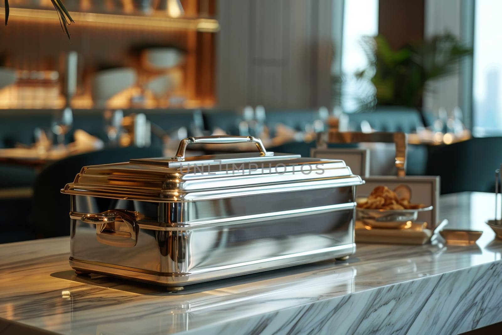 A large silver box sitting on a marble counter top