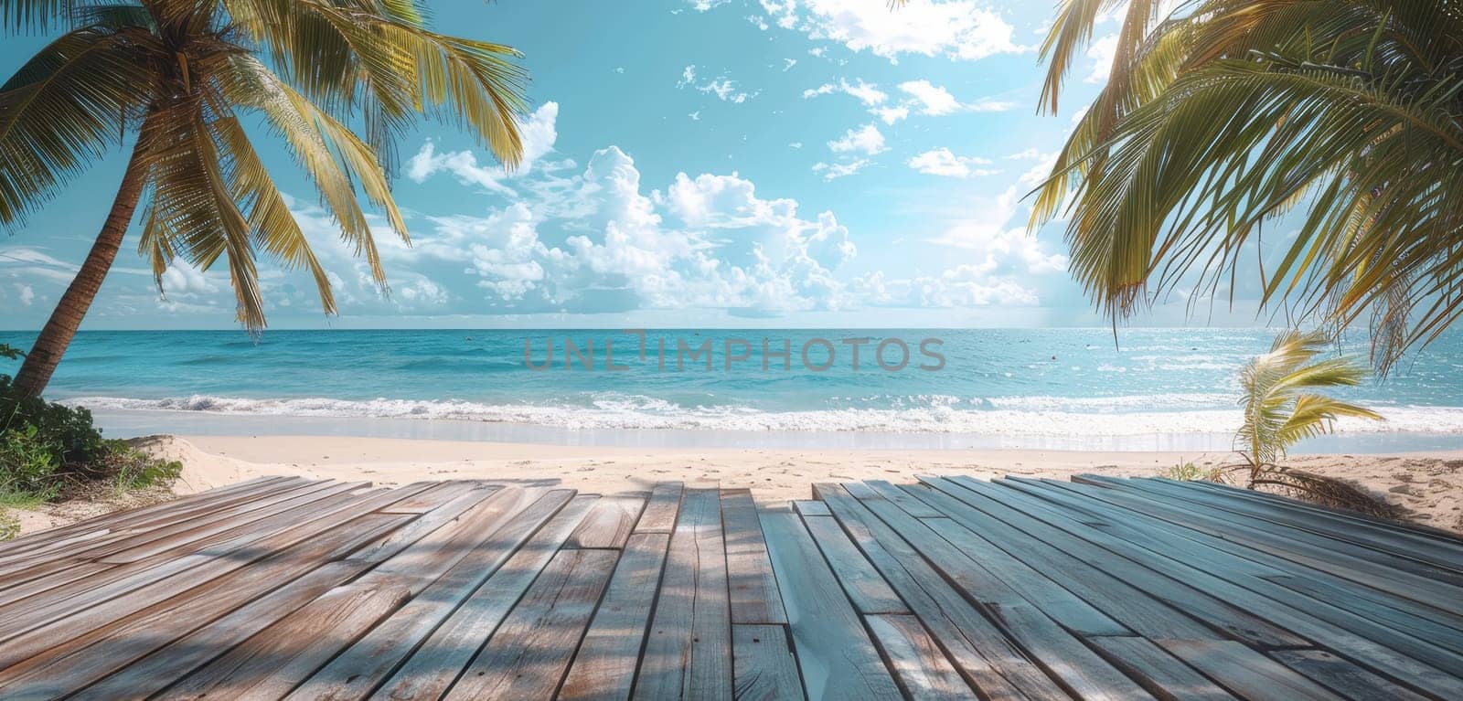 A beautiful beach scene with a wooden boardwalk and palm trees by AI generated image by wichayada