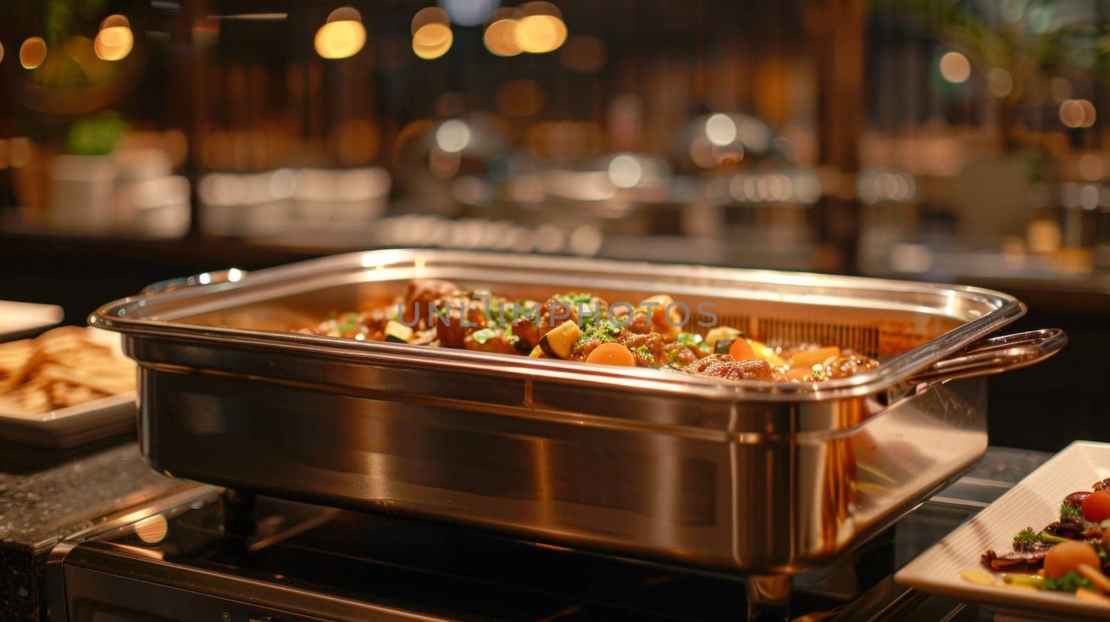 A large metal container filled with food on a counter