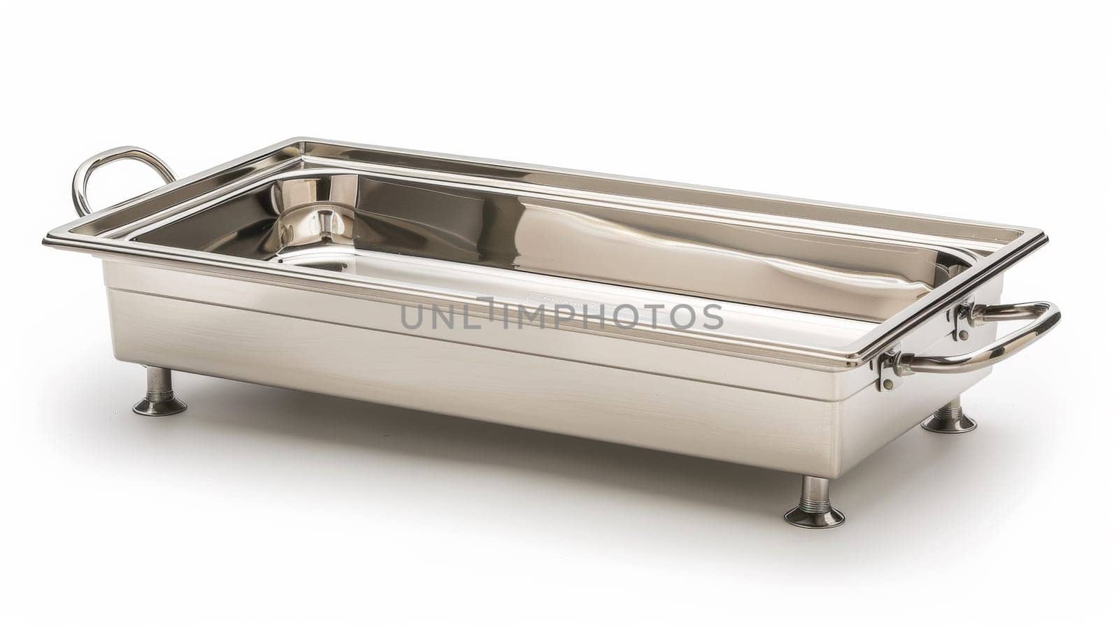 A large stainless steel tray with handles on a white background, AI by starush