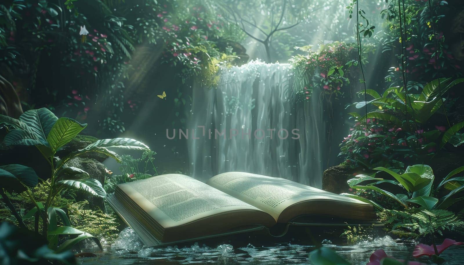 A book is open on a waterfall by AI generated image.