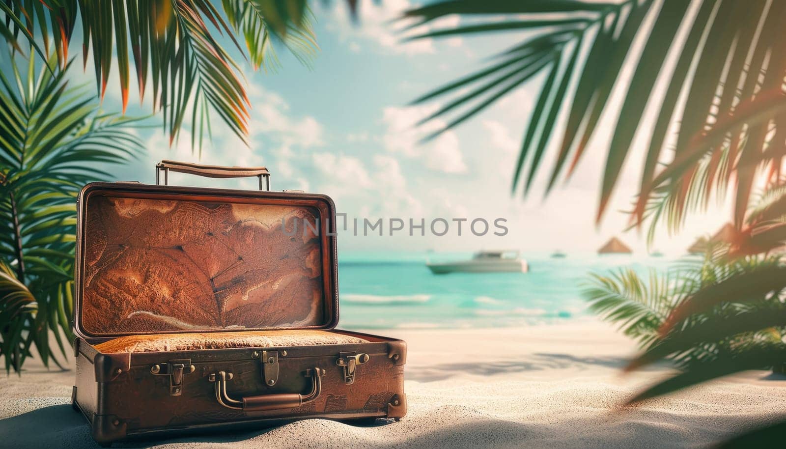 A suitcase is sitting on the sand next to the ocean by AI generated image by wichayada
