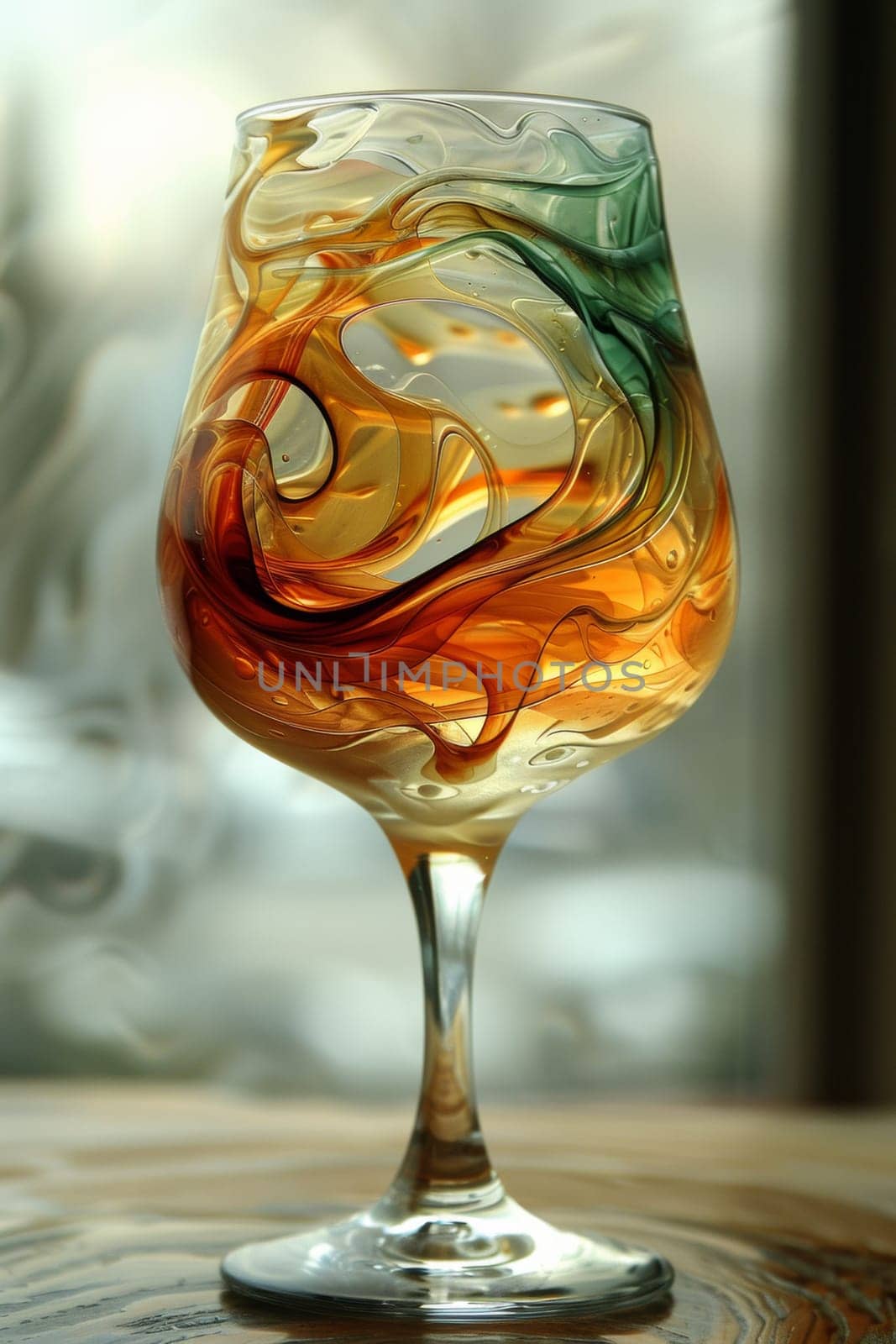 A glass of a wine glass with swirls in it on top of the table