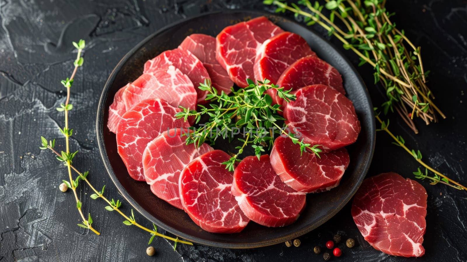 A plate of raw meat with herbs and spices on a black table