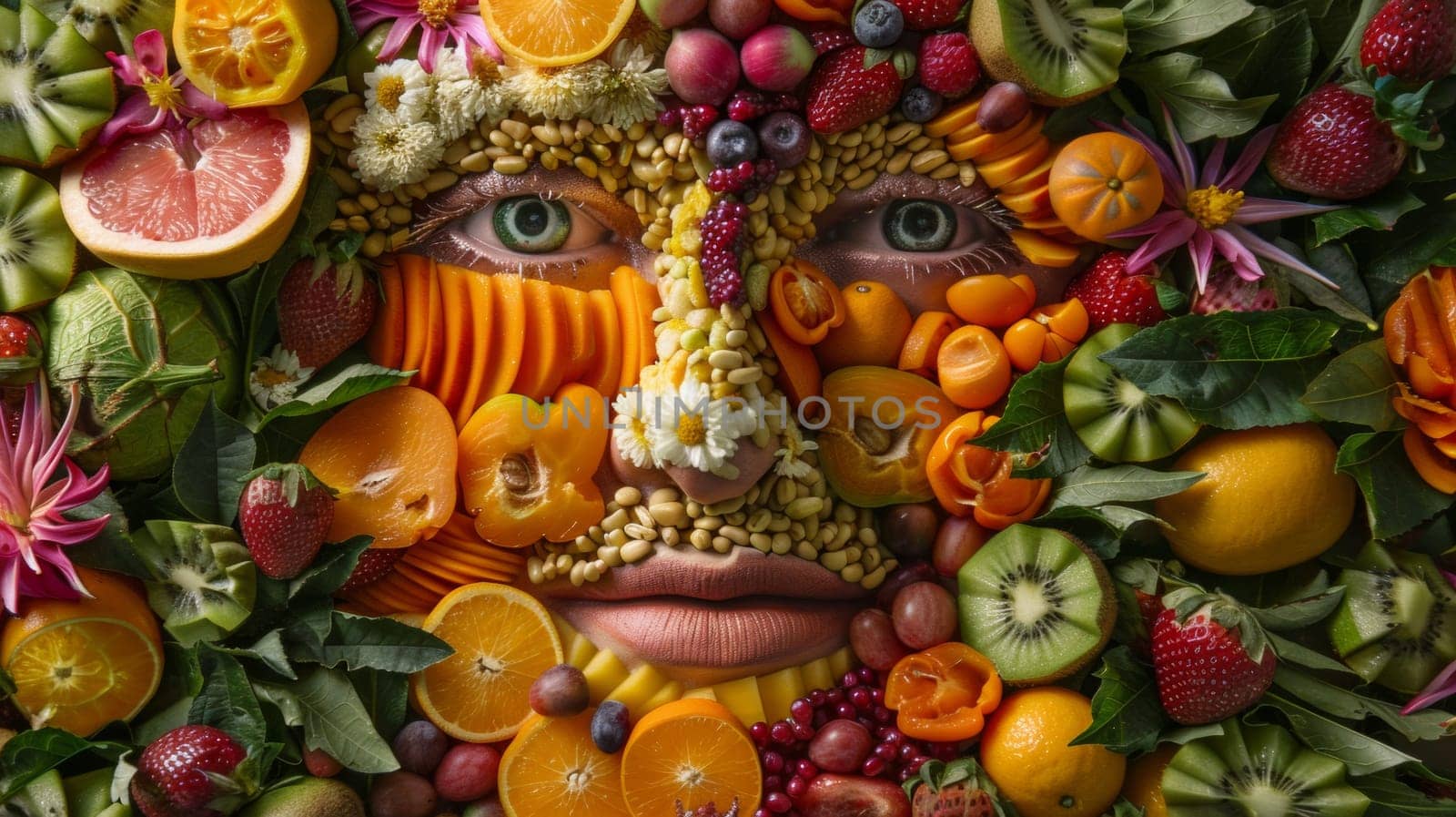 A face made of fruit and vegetables arranged in a mosaic