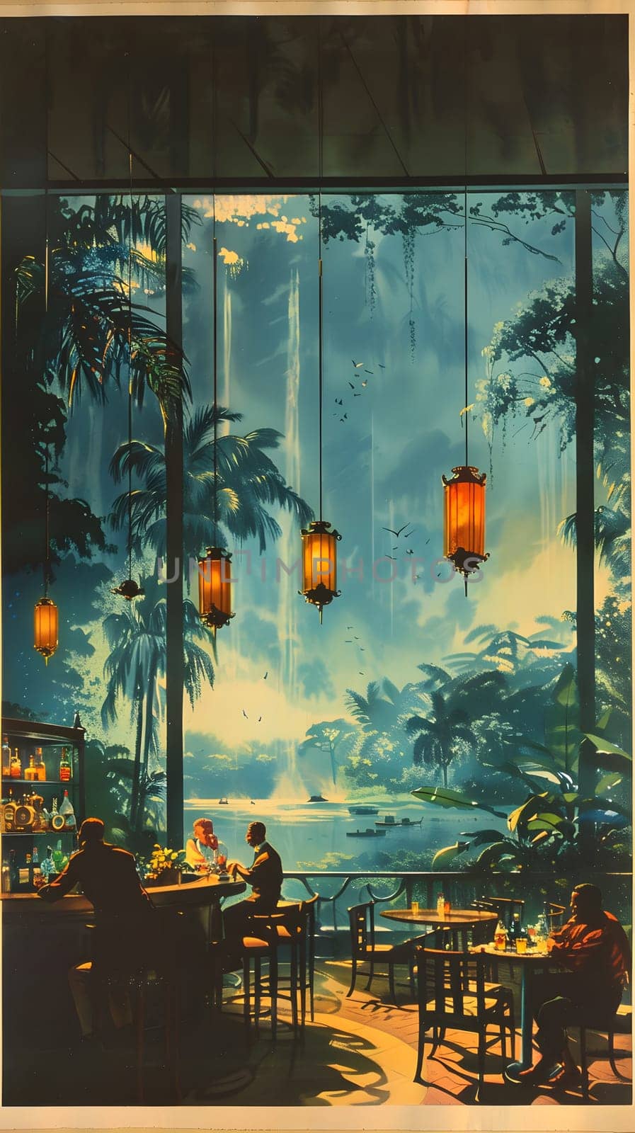 The painting depicts a cityscape at dusk with people sitting at tables in a restaurant. Tints and shades of the sky are reflected in the glass windows of the building, creating a beautiful display