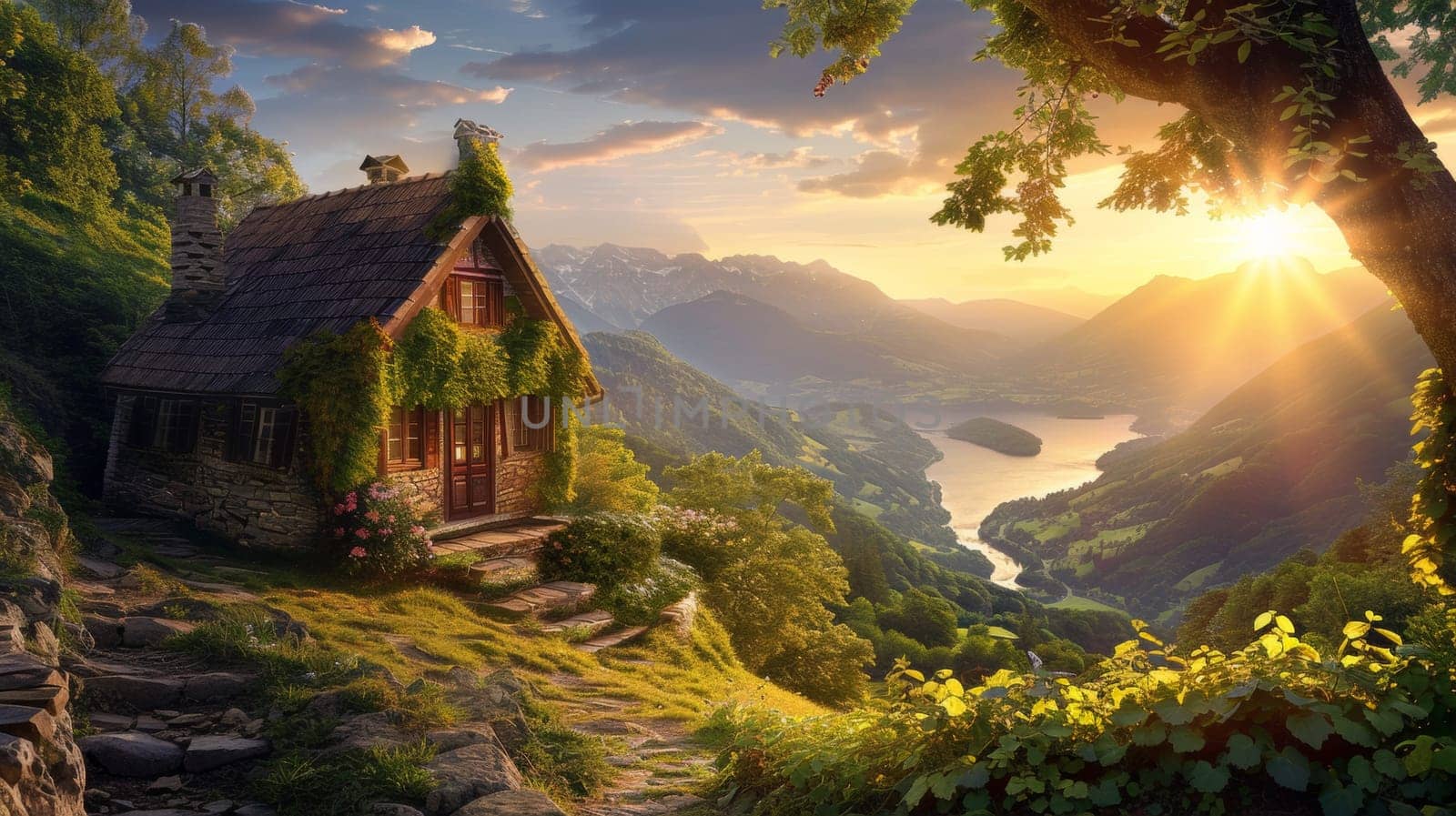 A small house on a hill overlooking the water and mountains