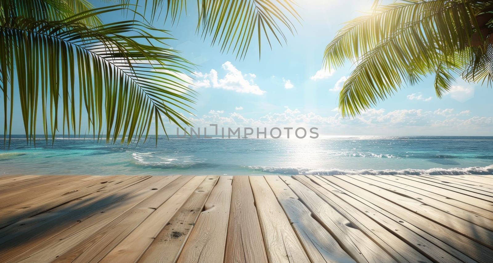 A beautiful beach scene with a wooden boardwalk and palm trees by AI generated image.