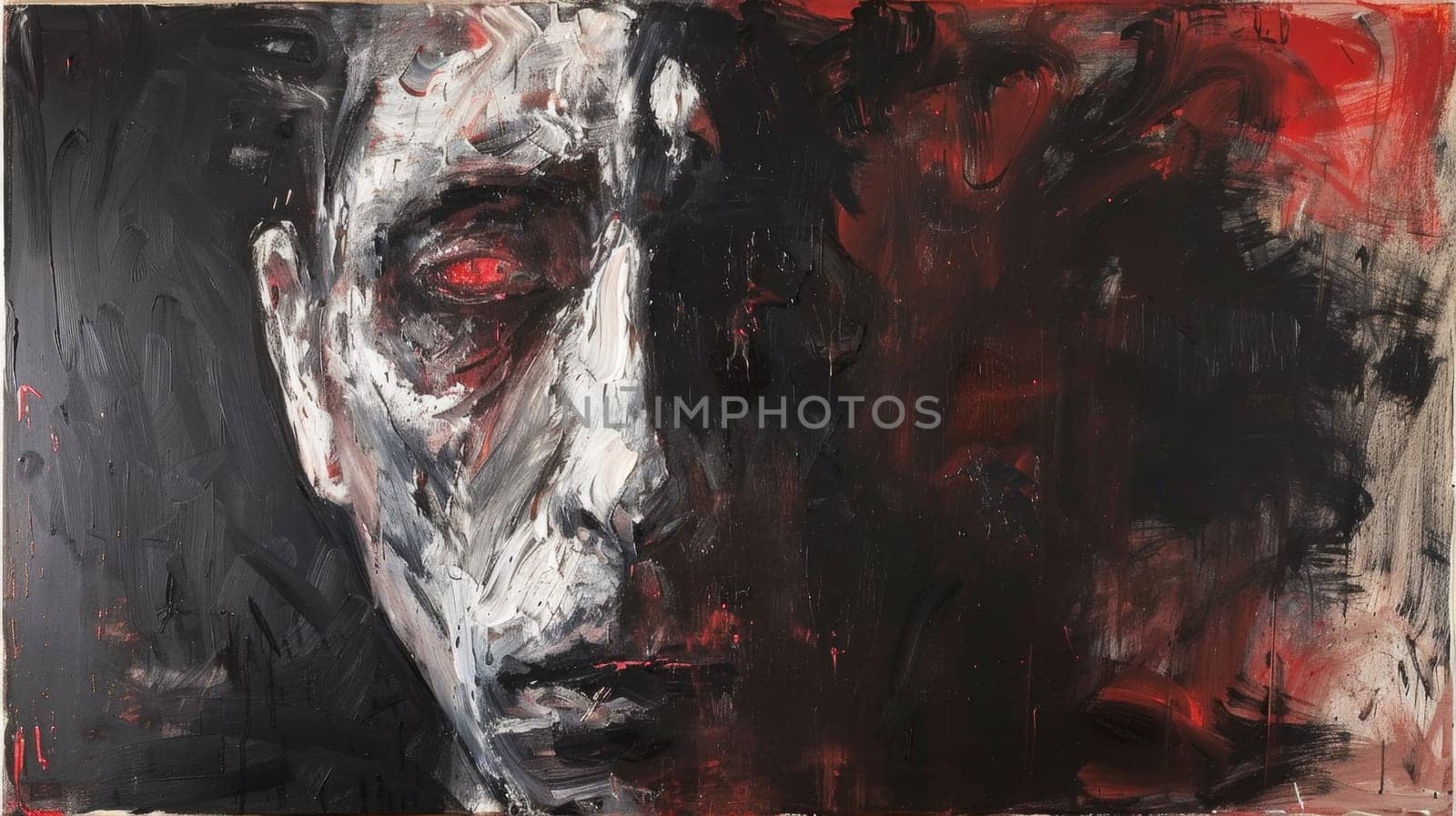 A painting of a man with red eyes and black hair, AI by starush