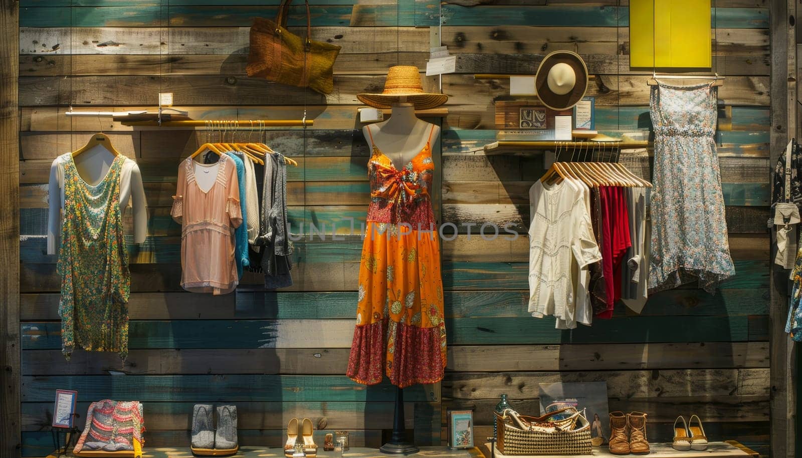 A clothing store with a blue wall and a variety of clothes on display by AI generated image.