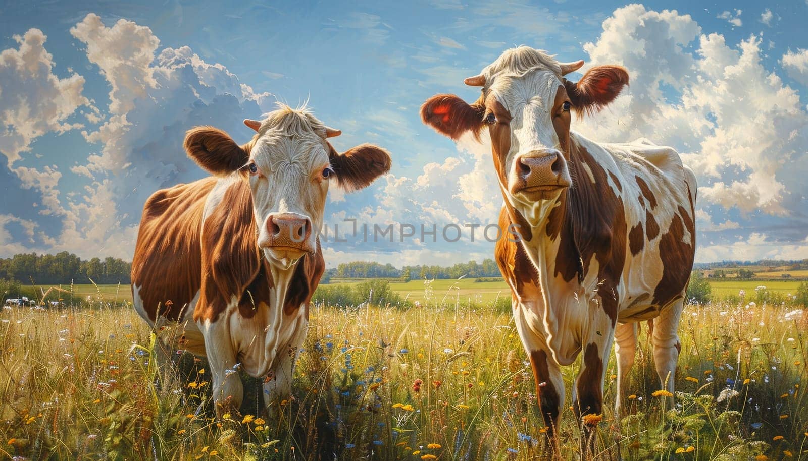 Two cows standing in a field with a beautiful landscape in the background by AI generated image.