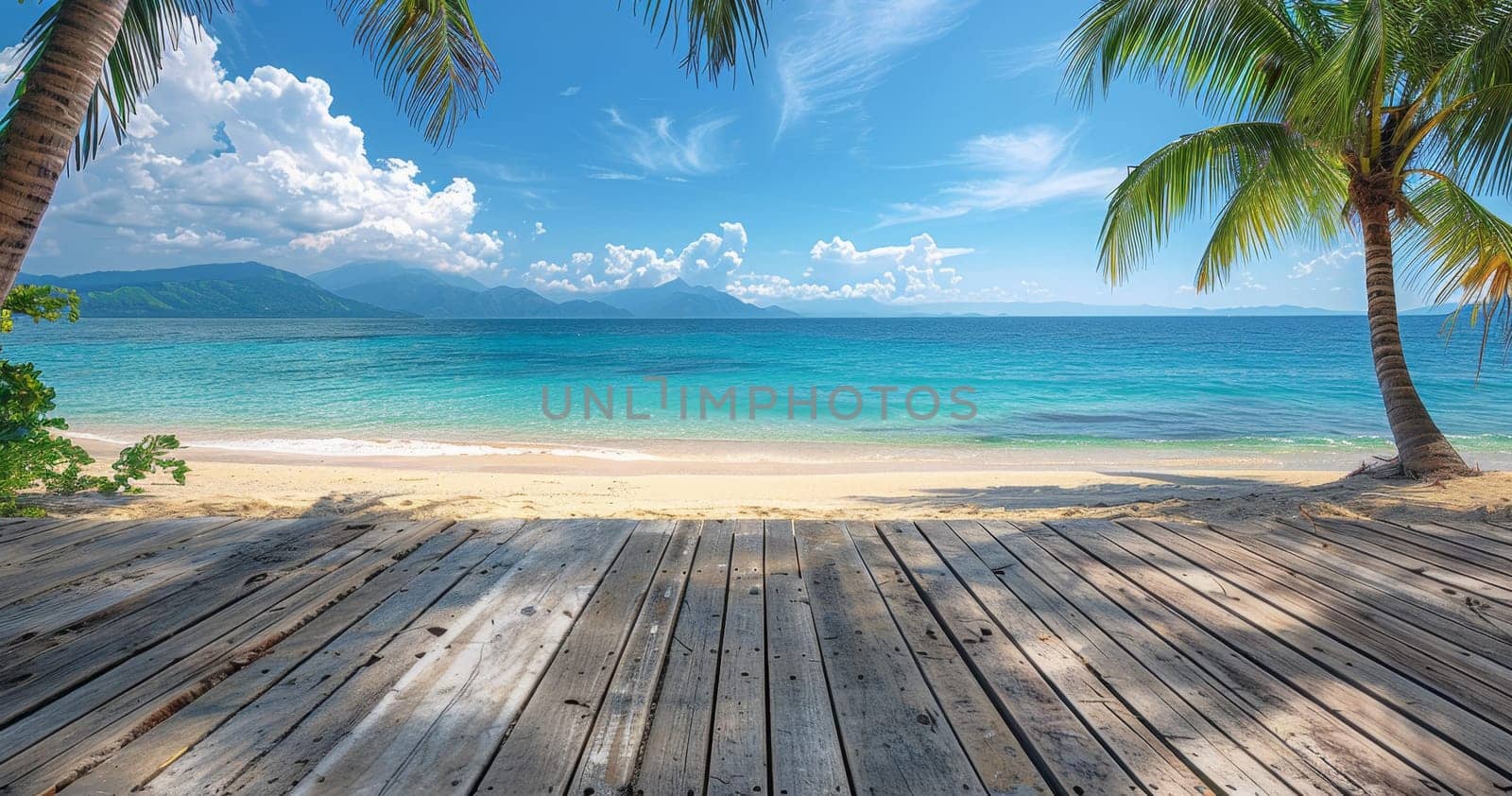 A beautiful beach scene with a wooden boardwalk and palm trees by AI generated image.