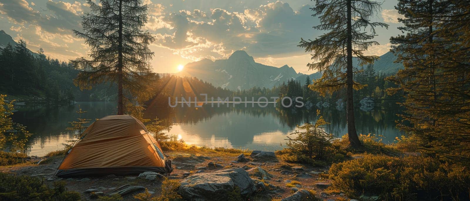 A small yellow tent is set up by a lake by AI generated image by wichayada