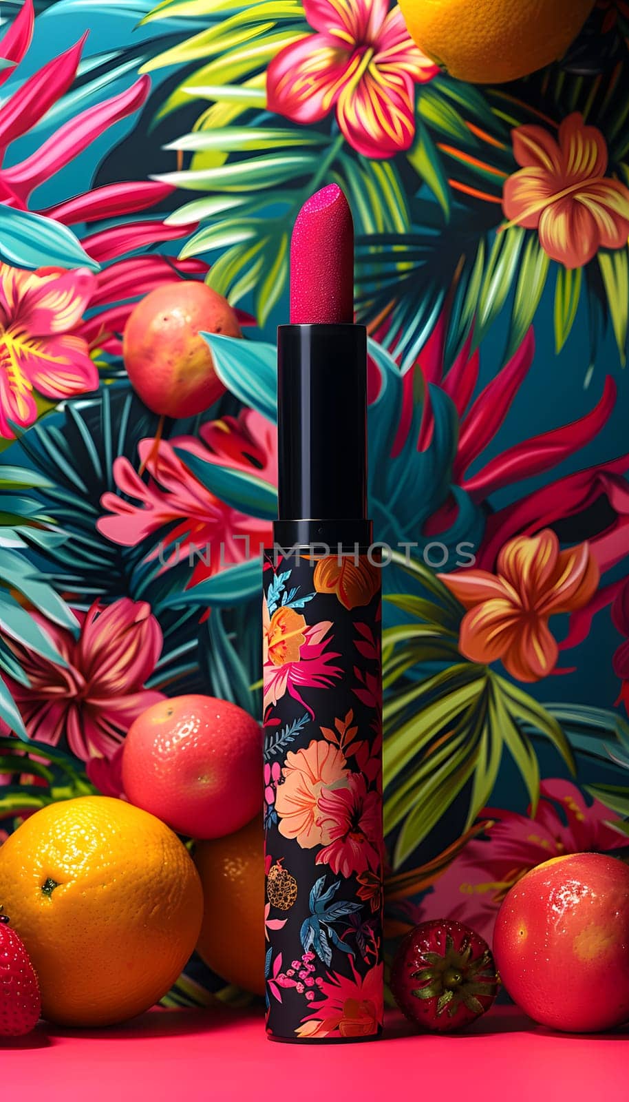 Pink lipstick displayed against vibrant floral backdrop by Nadtochiy