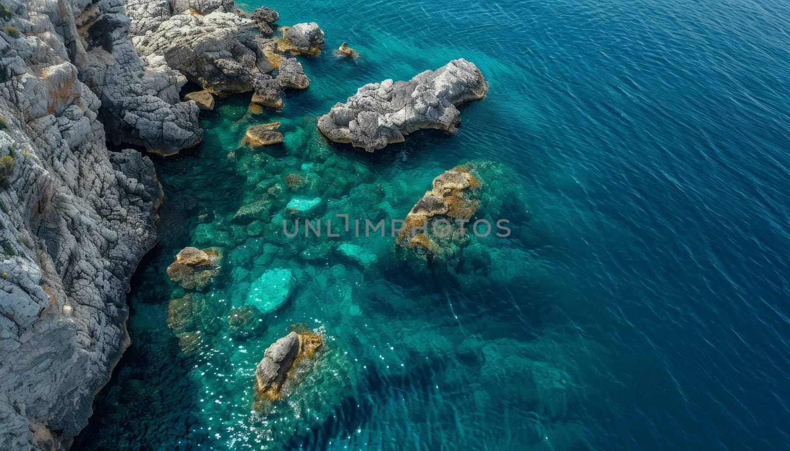 A rocky shoreline with a body of water in the background by AI generated image by wichayada