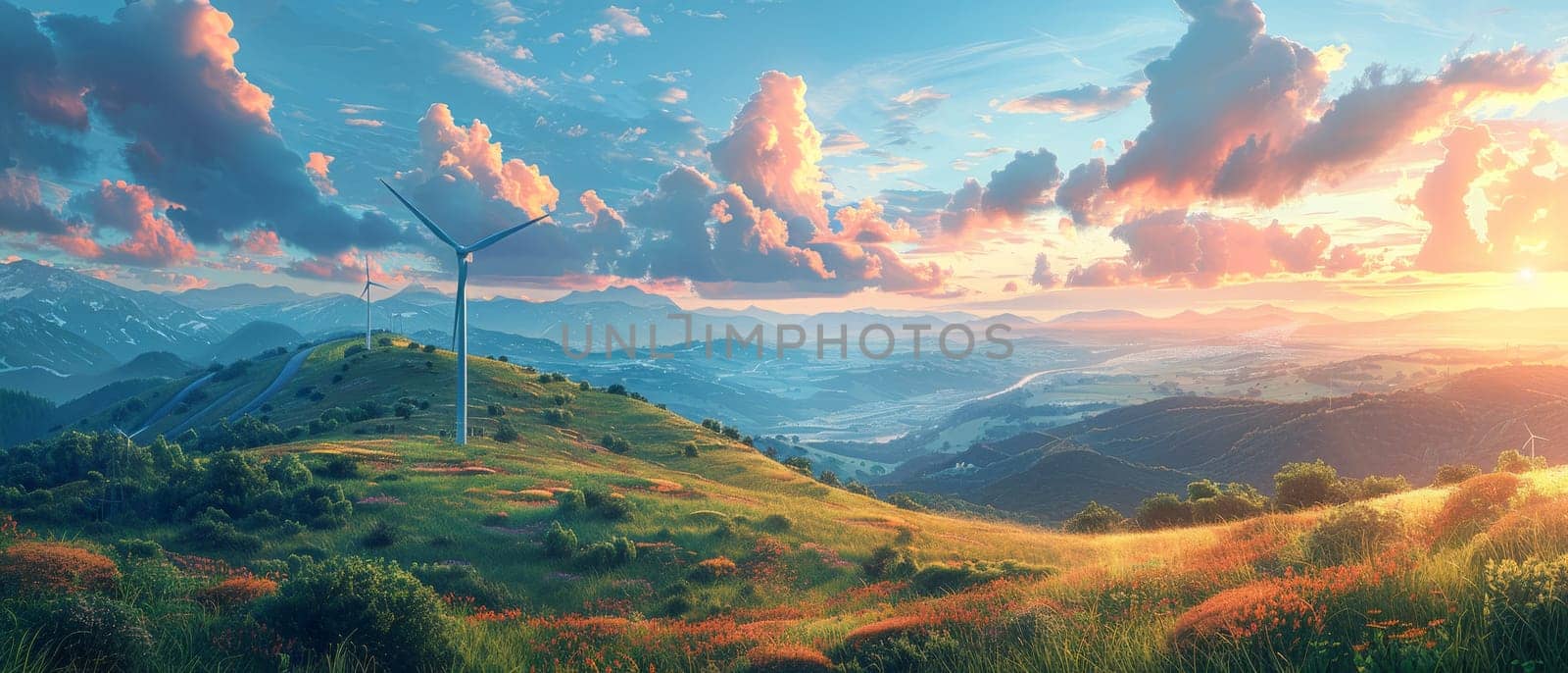 A beautiful landscape with a windmill in the foreground by AI generated image.